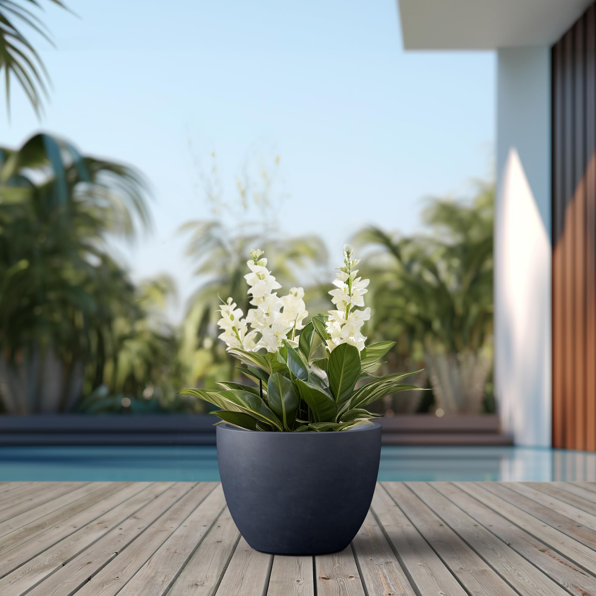 Kante 14.2 Inch Round Concrete Planter - Classic Large Indoor/Outdoor Plant Pot with Drainage Hole and Rubber Plug, Suitable for Gardens and Patios, Charcoal - Image 6