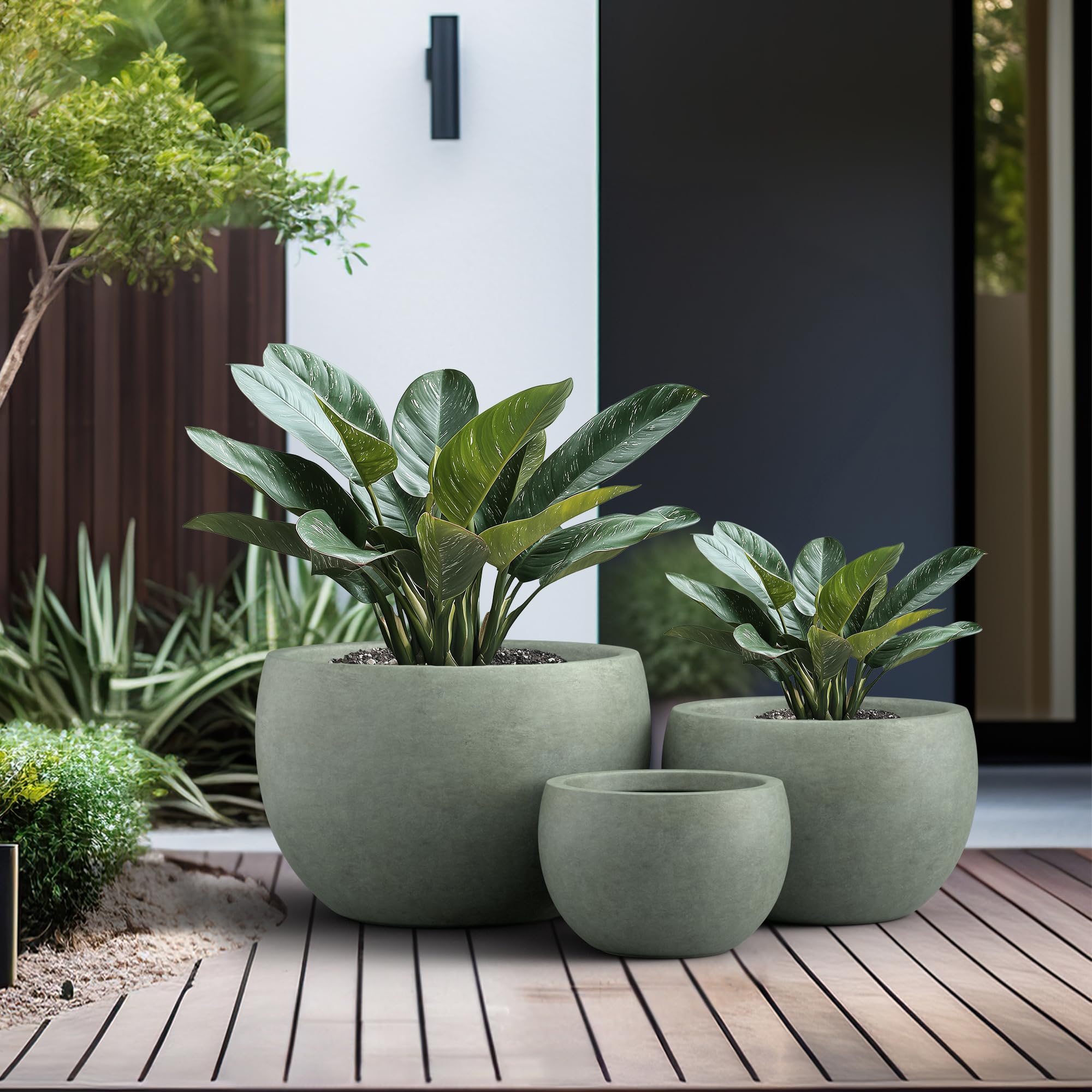 Kante 19.9",15.7",11.8" Dia Round Concrete Planter Set of 3, Outdoor/Indoor Large Bowl Plant Pots with Drainage Hole and Rubber Plug for Garden Patio Balcony Home, Mint Green - Image 4