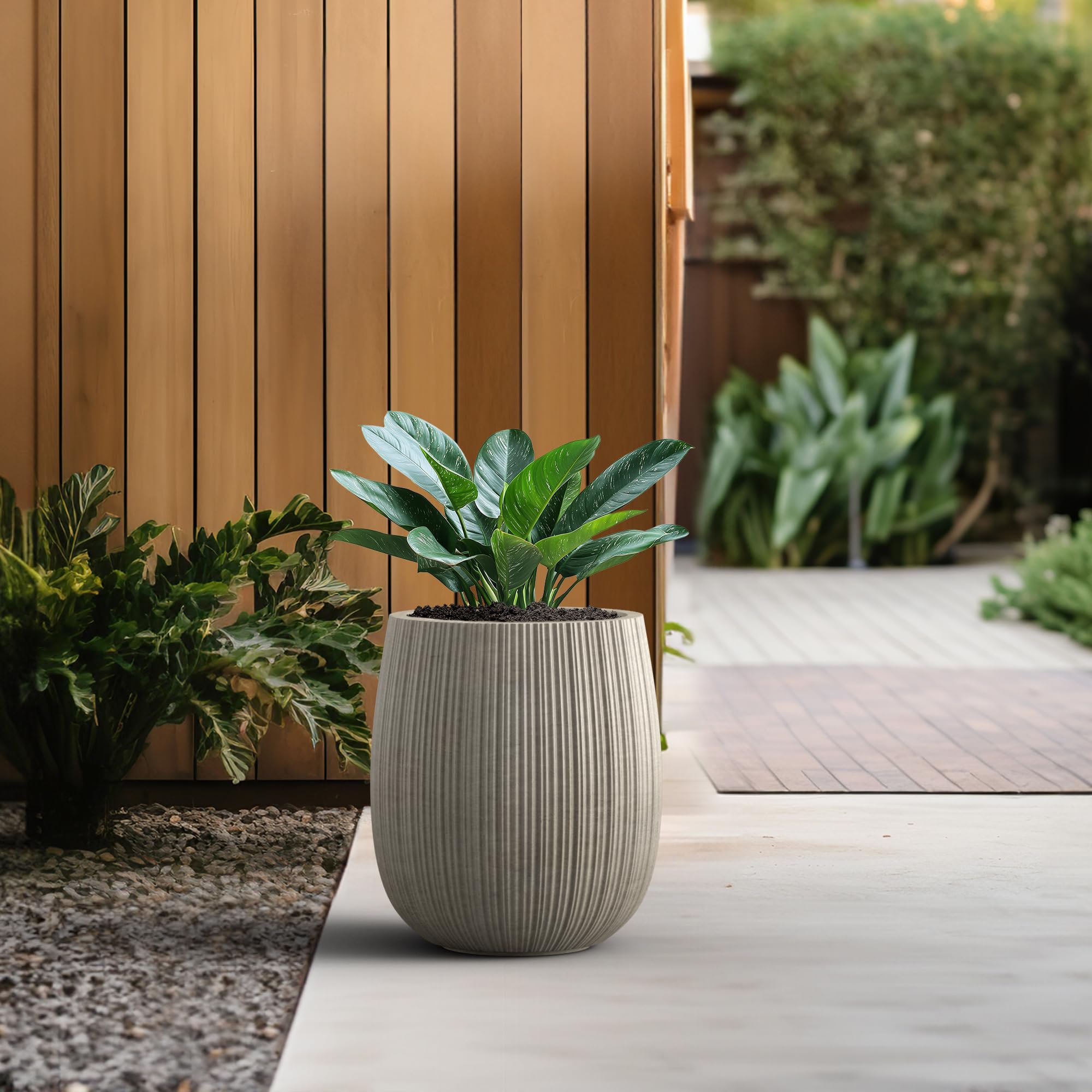 Kante 12.6" Dia x 14.6" H Round Concrete Planter, Streamlined Fluted Large Plant Pot with Drainage Hole and Rubber Plug for Home, Patio, Garden, Weathered Concrete Finish with Painted Interior - Image 5