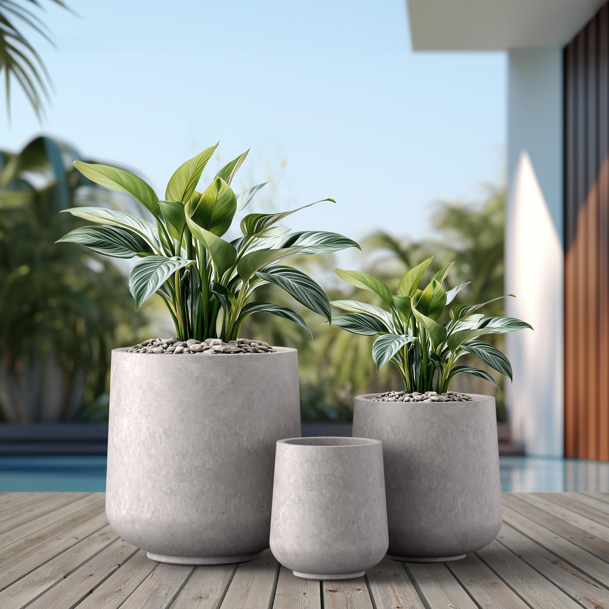 Kante 15.3"+11.6"+8.2" Dia Round Concrete Planter, Large Outdoor Indoor Planter Pots Containers with Drainage Holes and Rubber Plug for Home Garden Patio, Light Gray - Image 3