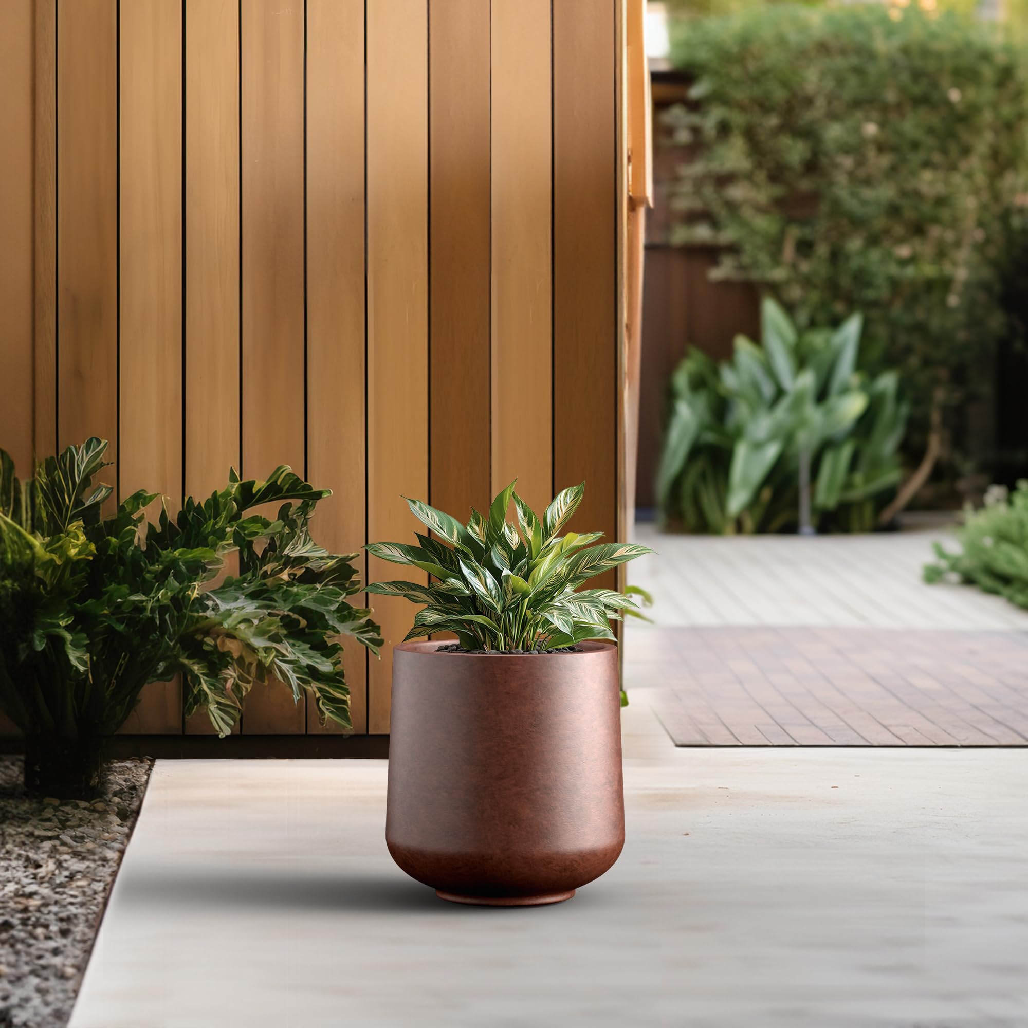 Kante 11.6" Dia Round Concrete Planter, Outdoor Indoor Large Plant Pots Containers with Drainage Hole and Rubber Plug for Home Garden Patio, Rusty - Image 5