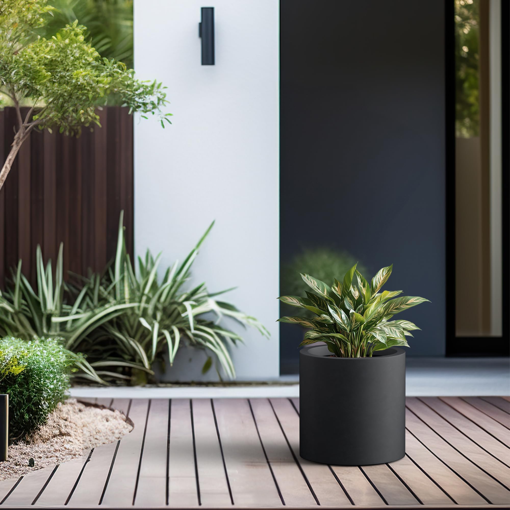 Kante 12.6" Dia Round Concrete Planter, Modern Style Large Cylindrical Plant Pot with Drainage Hole and Rubber Plug for Indoor Outdoor Patio, Black - Image 4