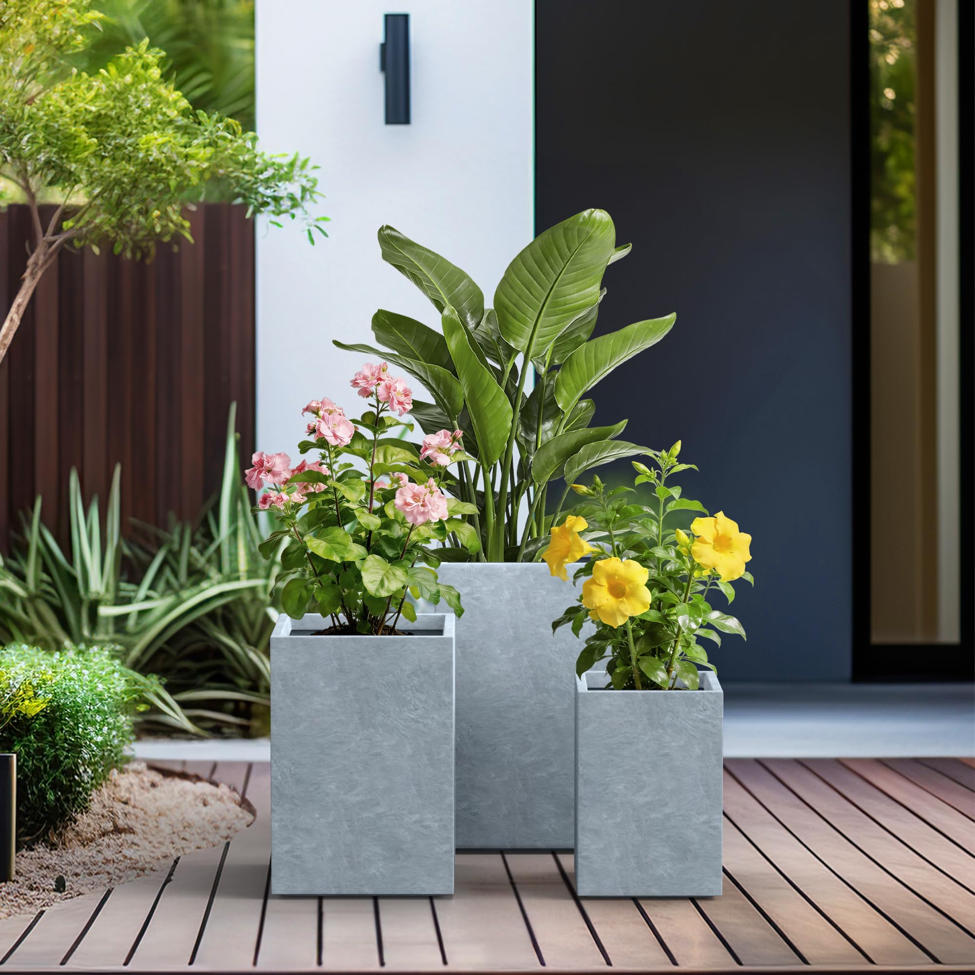 Kante 18.5",15.7",12.6" H Tall Rectangular Concrete Planters Set of 3, Outdoor Indoor Lightweight Plant Pots with Drainage Hole and Rubber Plug, Modern Style for Home Garden Patio, Slate Gray - Image 5