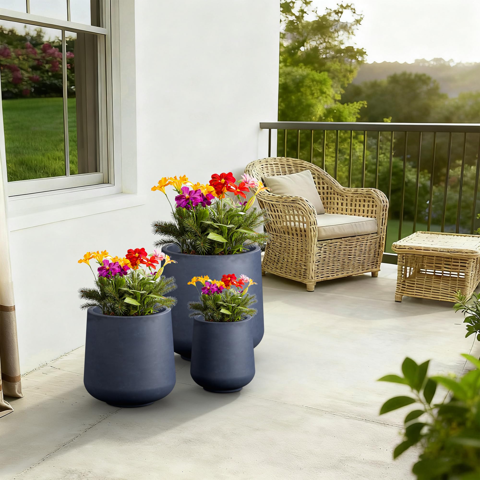 Kante Concrete Planter Set, 3 Sizes Charcoal Round Pots for Indoor Outdoor - Image 6