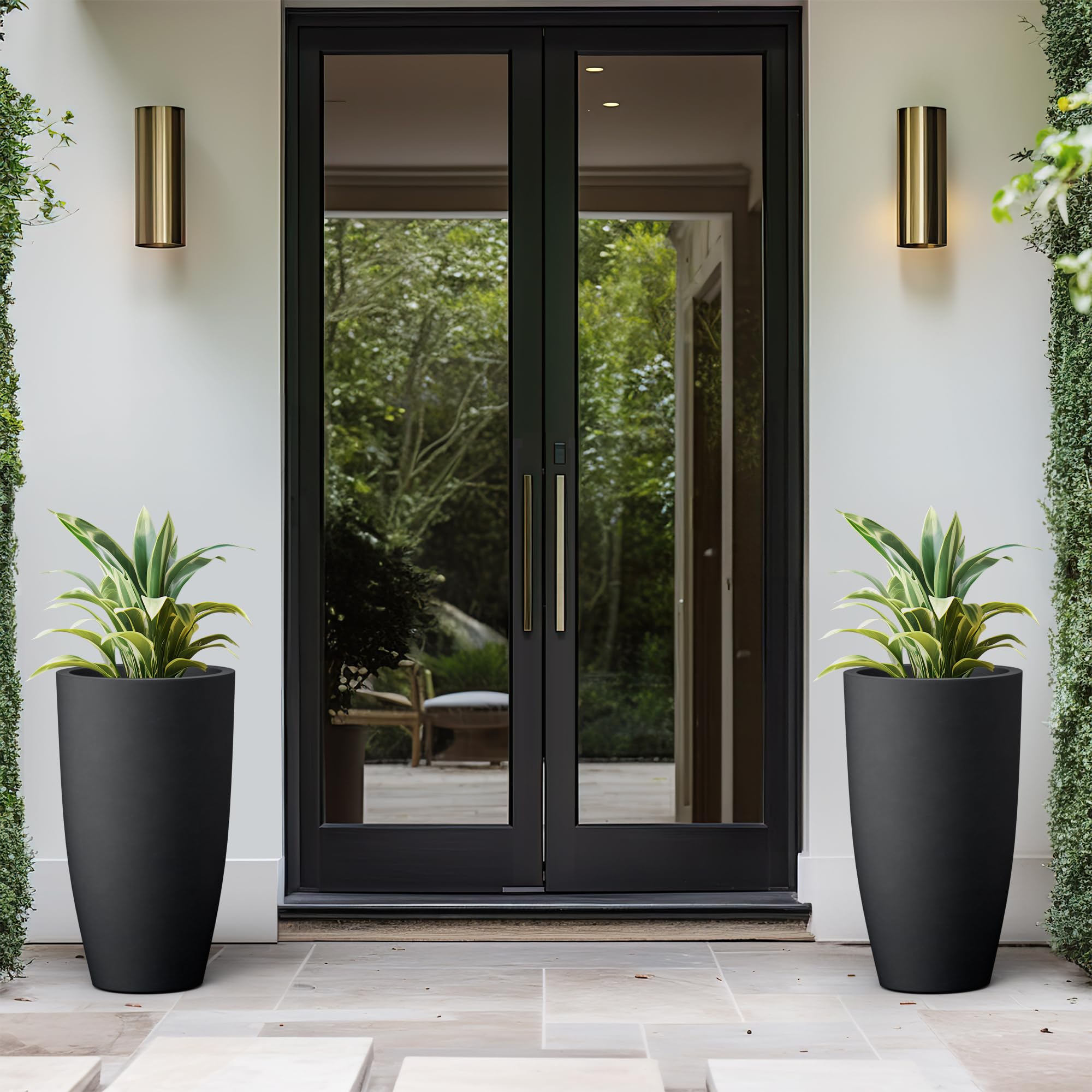 Kante 23.6" H Black Tall Planters (Set of 2), Large Outdoor Indoor Decorative Plant Pots with Drainage Hole and Rubber Plug, Modern Style for Home and Garden - Image 6