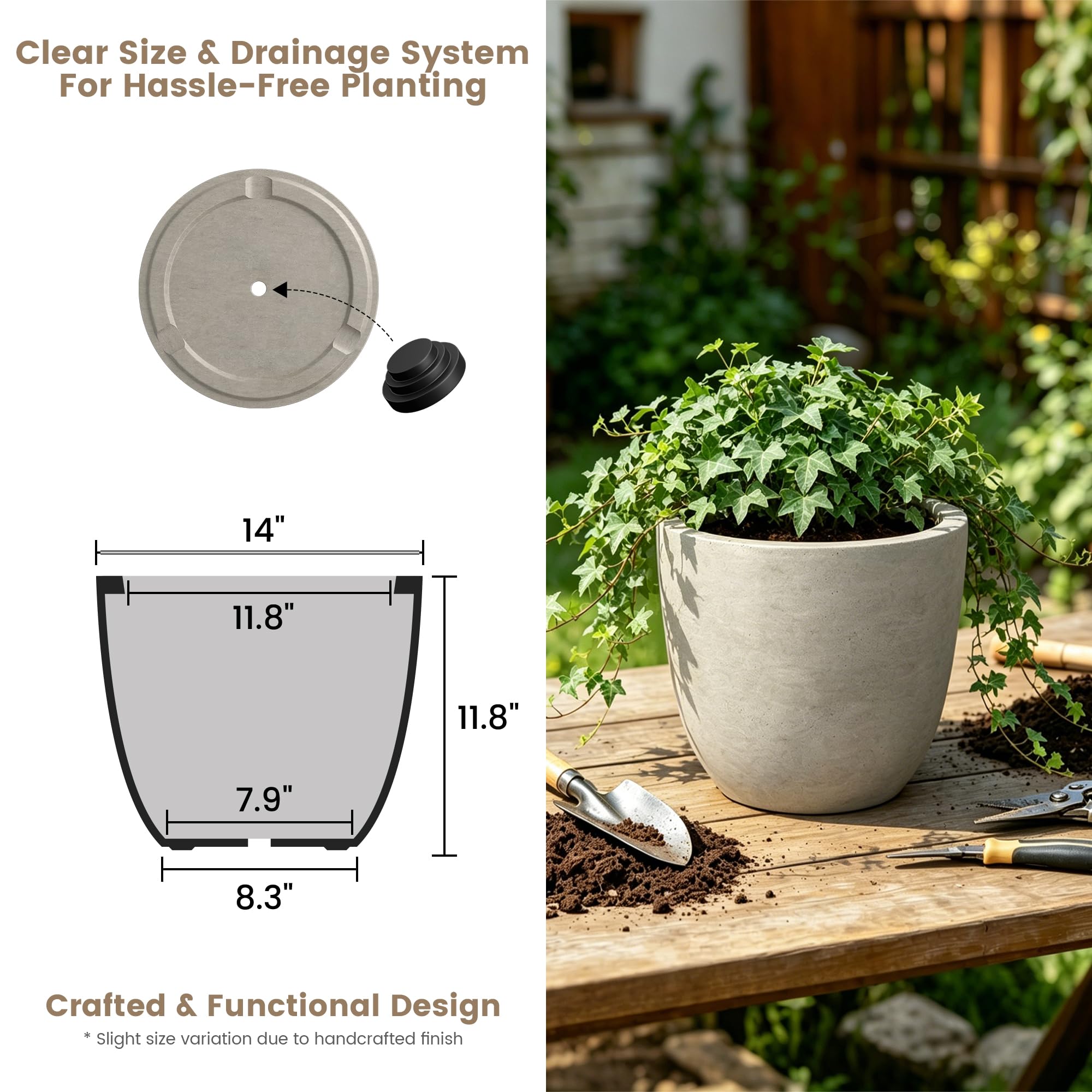 Kante 14" Round Concrete Planter, Indoor Outdoor Weathered Cylindrical Pot with Drainage & Plug, 11.8" Tall Modern Plant Pot for Patio Garden - Image 6