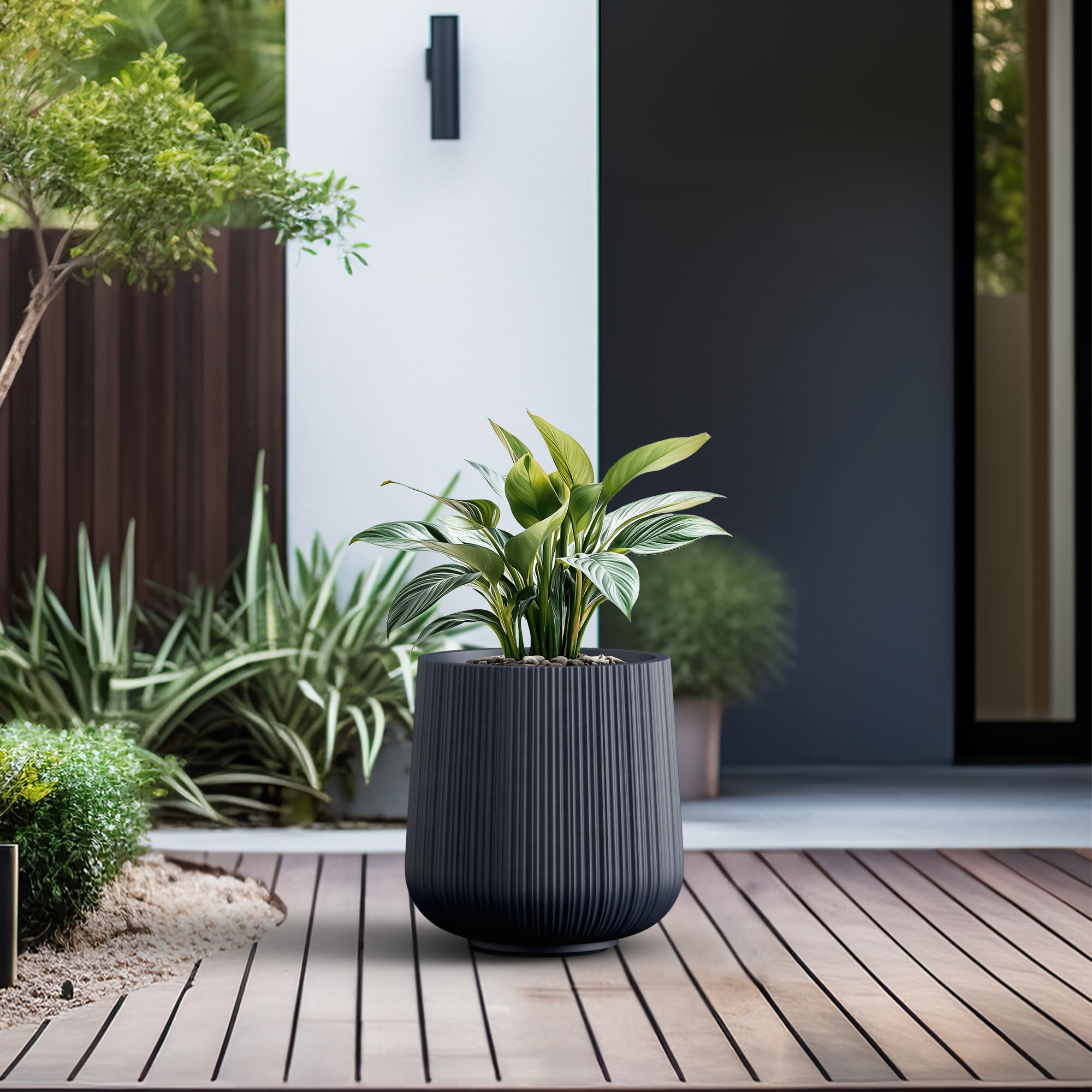 Kante 13.0" Dia Round Fluted Concrete Planter, Large Plant Pot with Drainage, Smooth Charcoal Finish with Painted Interior, for Indoor and Outdoor Use - Image 6