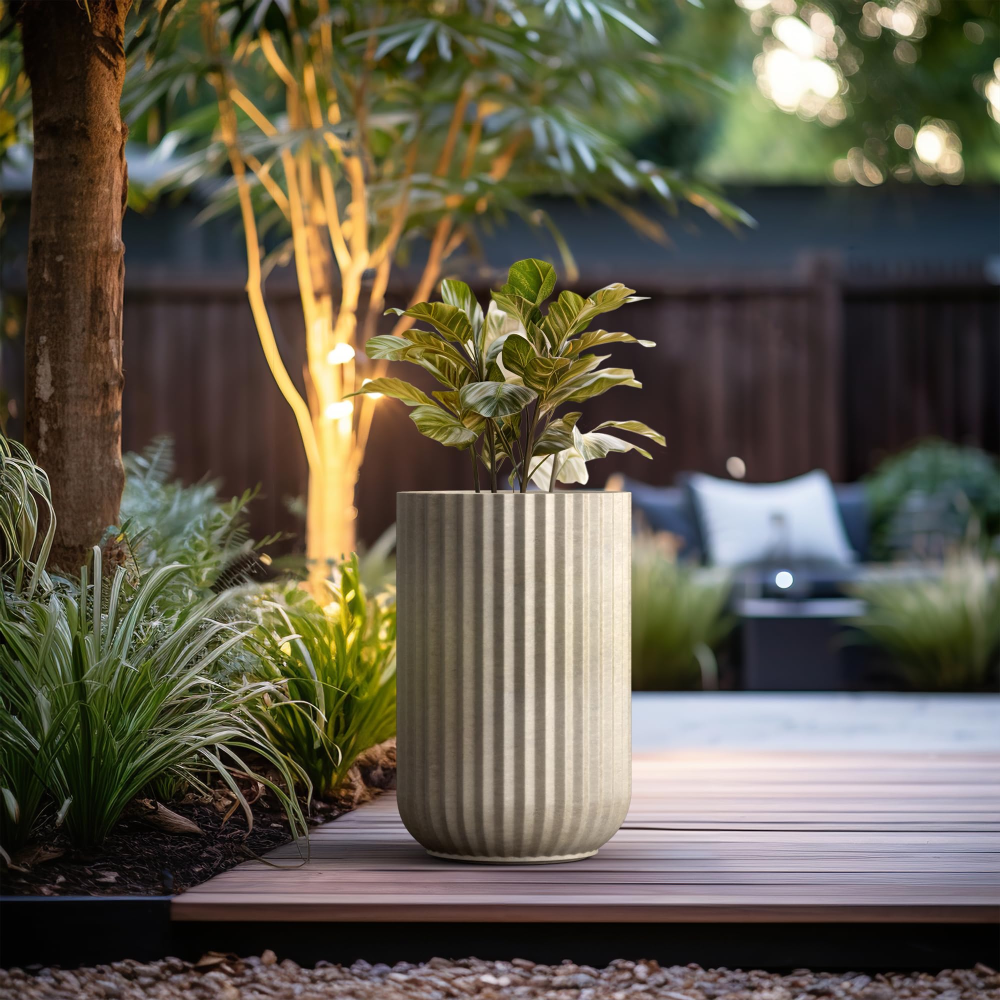 Kante Tall Fulted Planter, 21.7 Inch Tall Round Concrete Plant Pots with Drainage Hole and Rubber Plug, Modern Decor for Indoor Outdoor Plants, Flower, Weathered Concrete - Image 6