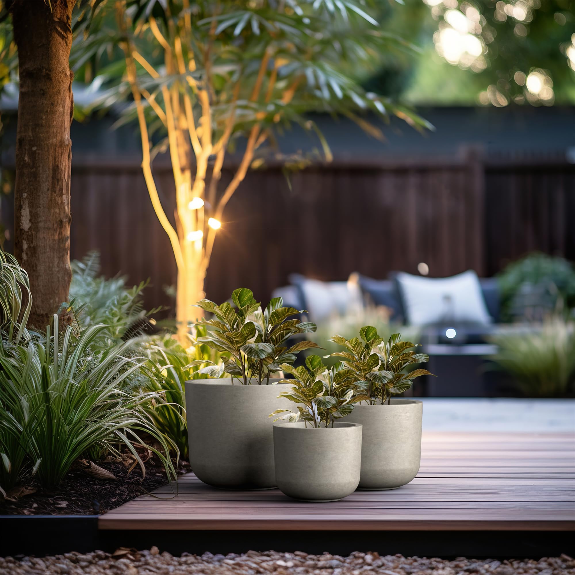 Kante Set of 3 Weathered Concrete Planters, Graduated Sizes 13",11",9" Dia, 7.4" to 11.2" Tall Lightweight Round Pots with Drainage Hole, Modern Nesting Containers for Indoor Outdoor, Patio - Image 4