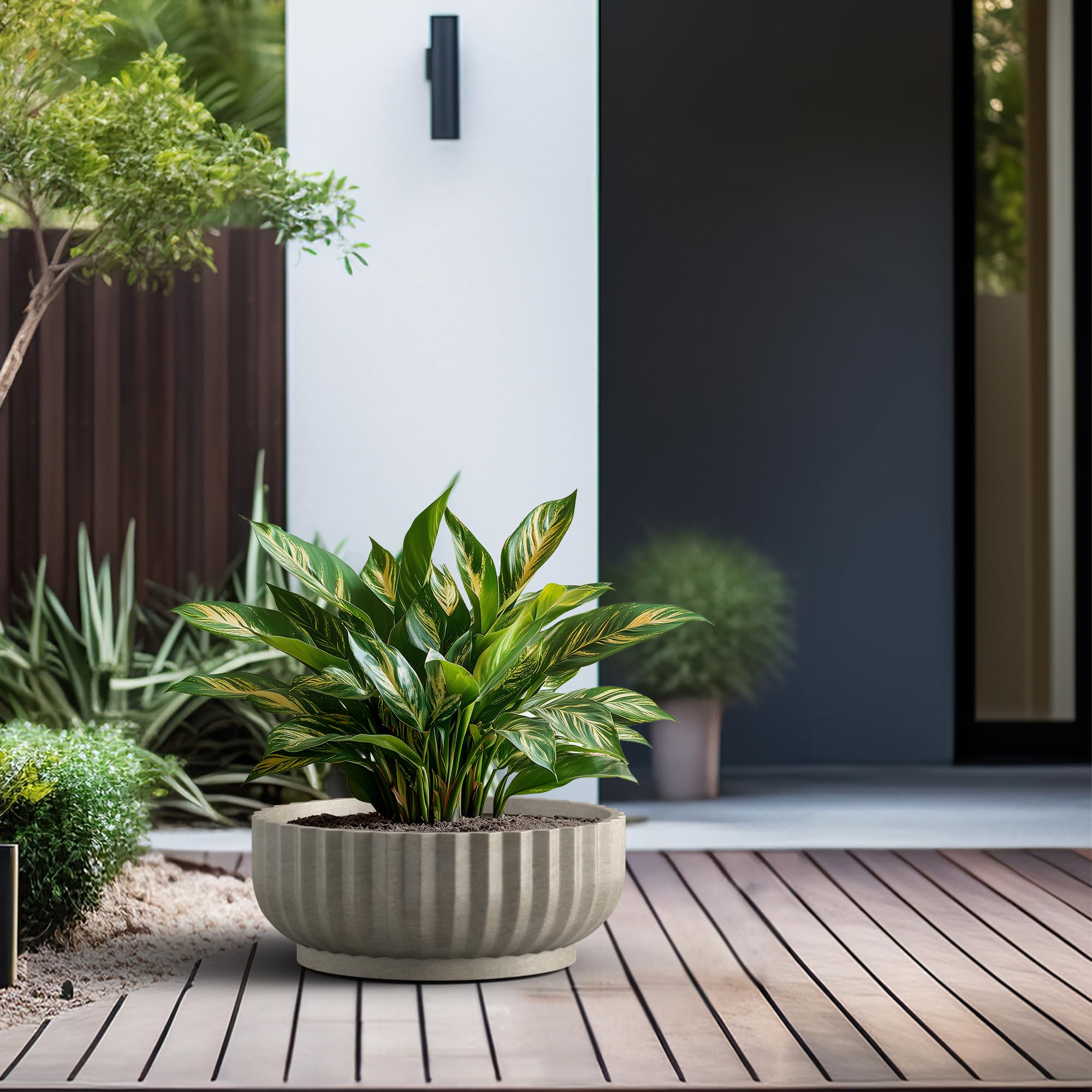 Kante Round Fulted Bowl Planter, 20.9 Inch Dia Large Concrete Flower Pots with Drainage Hole and Rubber Plug, Suitable for for Indoor Outdoor Plants, Home, Patio, Garden, Weathered Concrete - Image 3