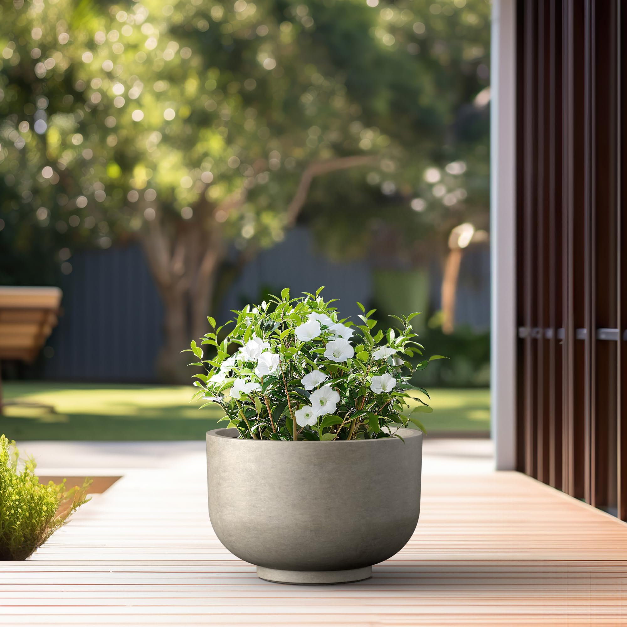 Kante 17.7 Inch Dia Concrete Bowl Planter, Large Tapered Bottom Plant Pot with Drainage, Smooth Weathered Concrete Finish with Painted Interior, Ideal for Porch, Home, Garden, Patio - Image 4