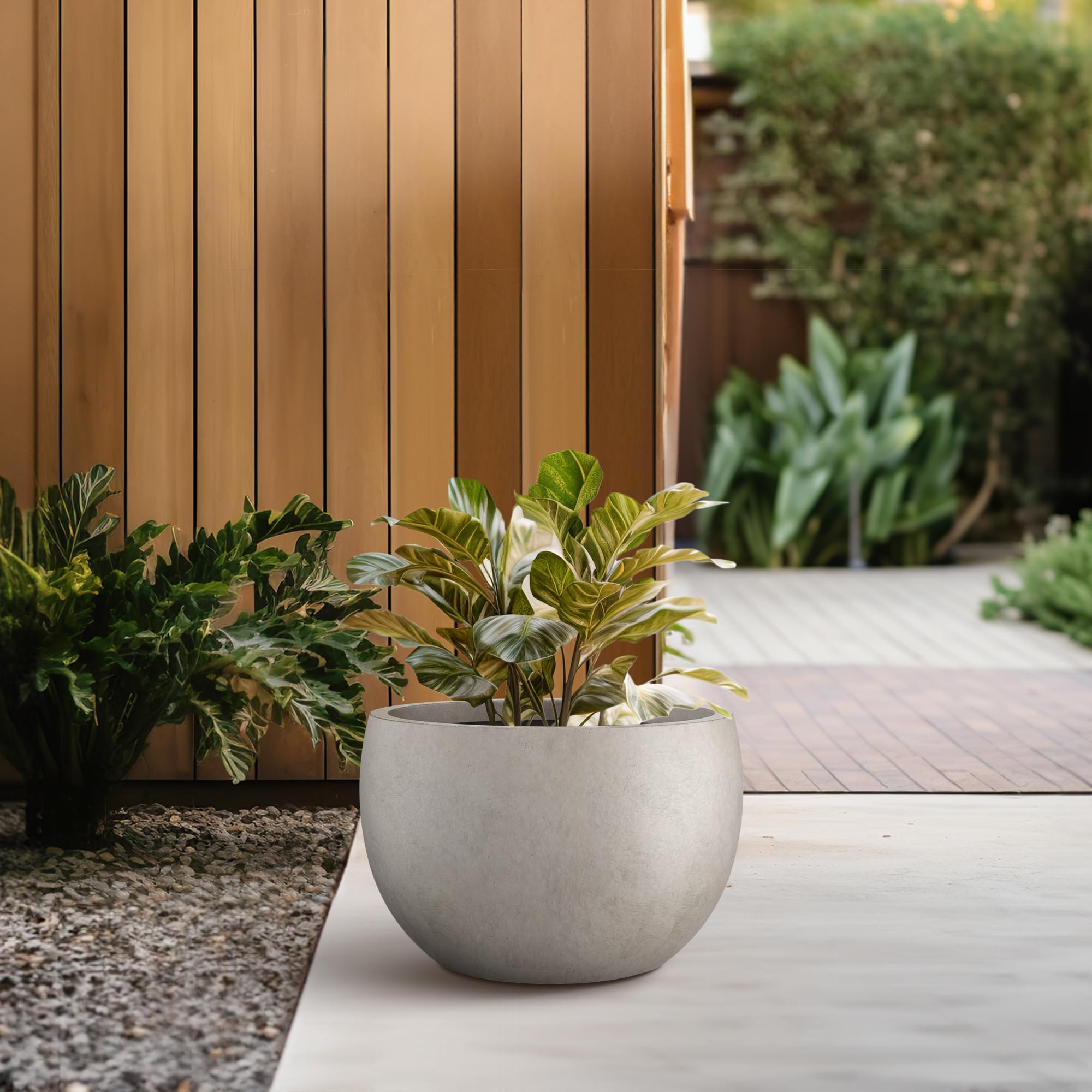 Kante 11.8" Dia Round Concrete Planter, Outdoor/Indoor Large Bowl Plant Pots with Drainage Hole and Rubber Plug for Garden Patio Balcony Home, Weathered Concrete - Image 6