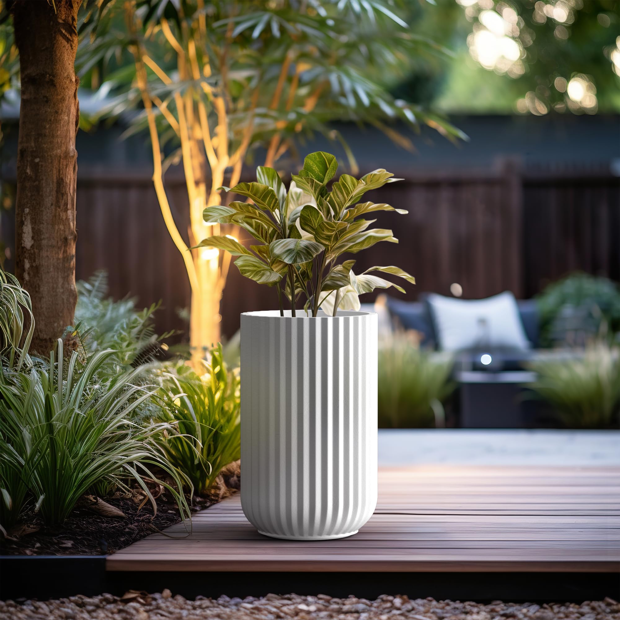 Kante Tall Fulted Planter, 17.7 Inch Tall Round Concrete Plant Pots with Drainage Hole and Rubber Plug, Modern Decor for Indoor Outdoor Plants, Flower, White - Image 4