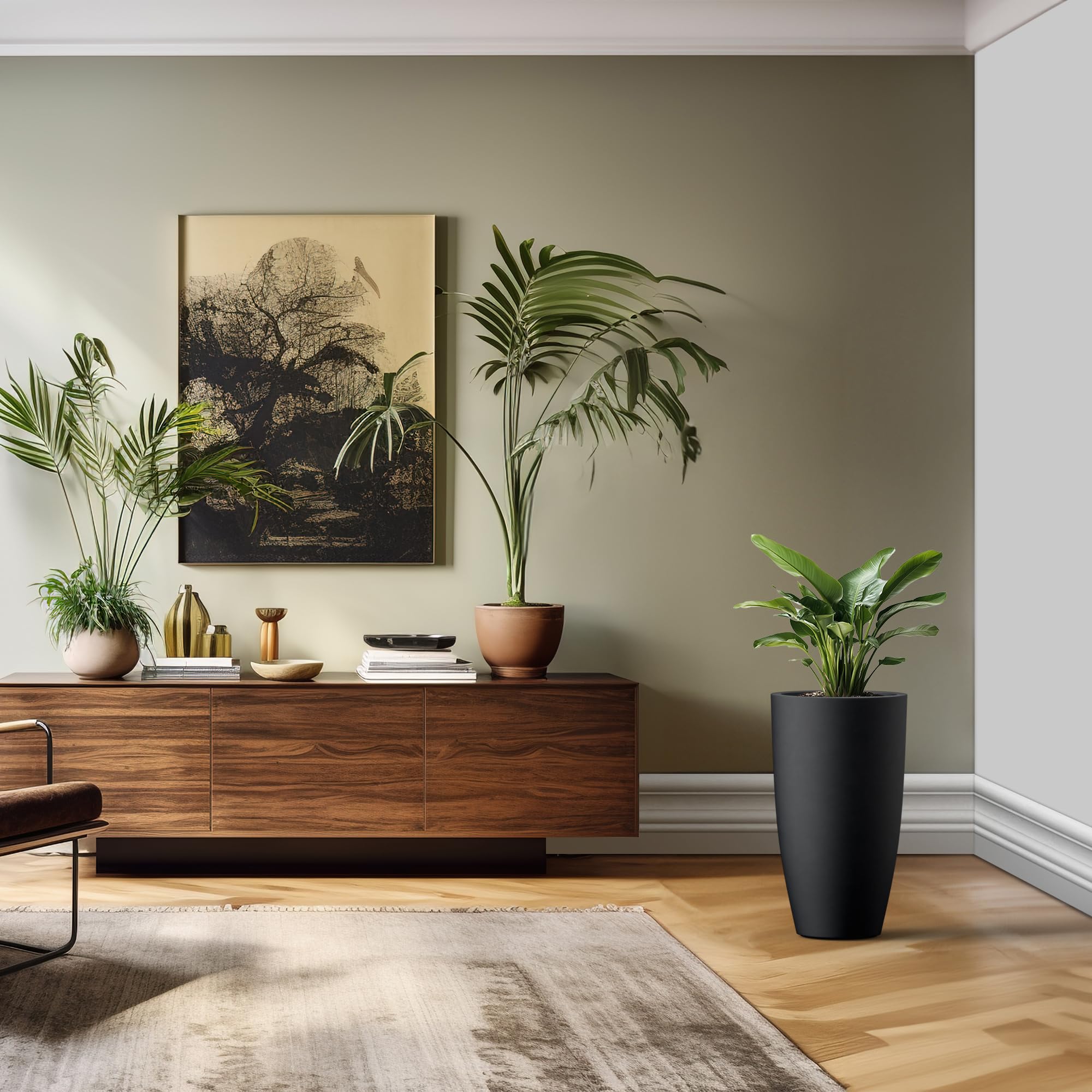 Kante 23.6" H Black Tall Planters (Set of 2), Large Outdoor Indoor Decorative Plant Pots with Drainage Hole and Rubber Plug, Modern Style for Home and Garden - Image 4