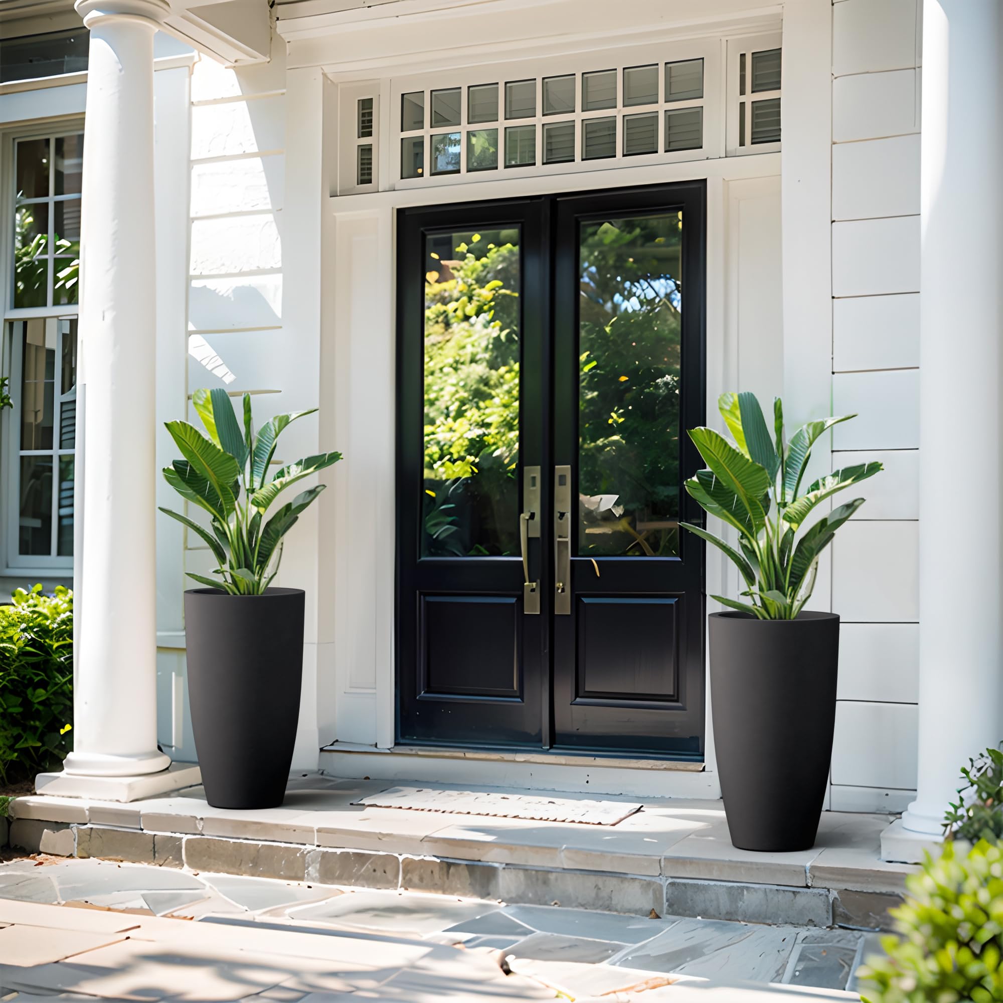 Kante 23.6" H Black Tall Planters (Set of 2), Large Outdoor Indoor Decorative Plant Pots with Drainage Hole and Rubber Plug, Modern Style for Home and Garden - Image 5