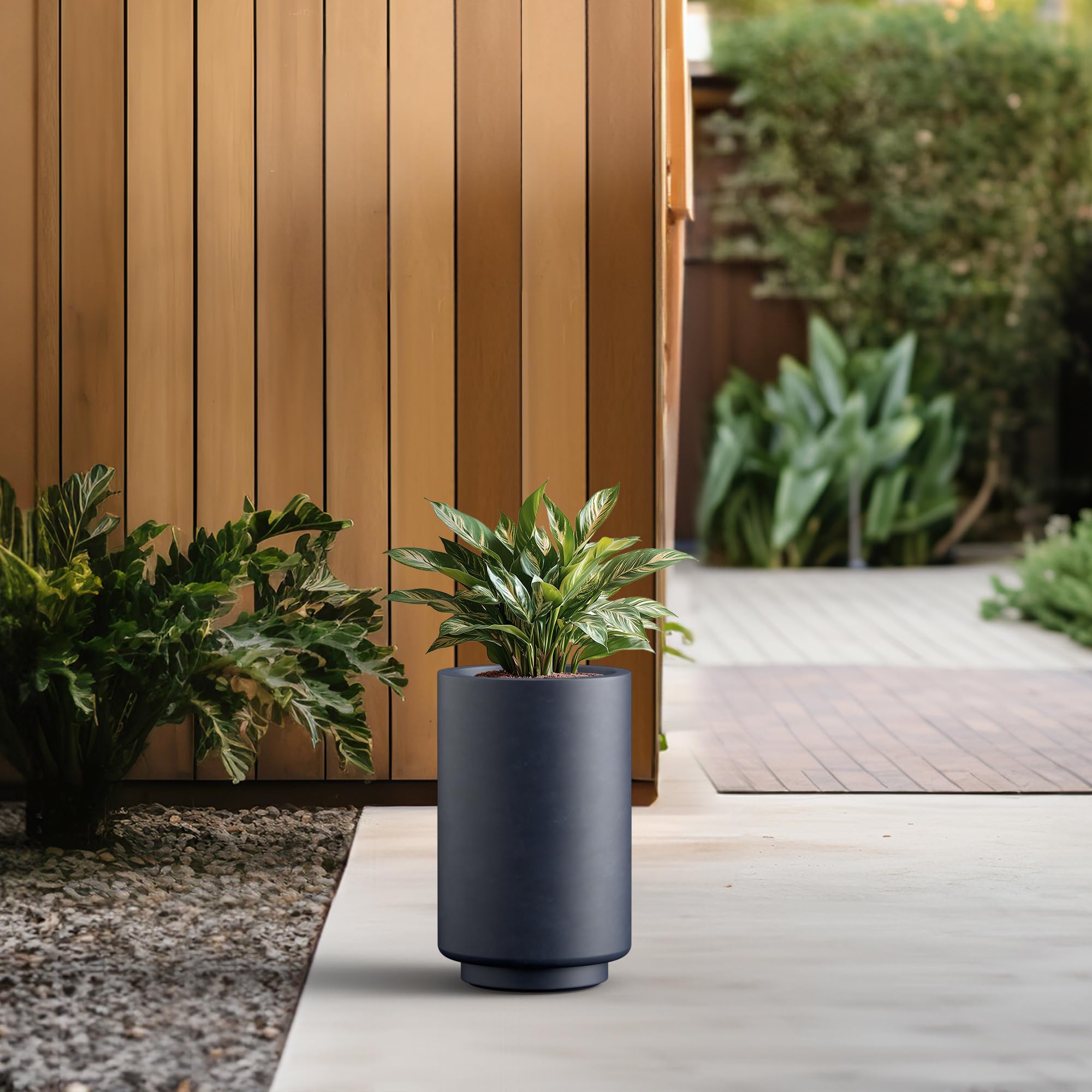 Kante 15.7 Inch Tall Concrete Planter, Round Pedestal Design Garden Pot for Indoor Outdoor Plants, Modern Garden Pot with Drainage Hole, Charcoal Finish with Painted Interior - Image 3