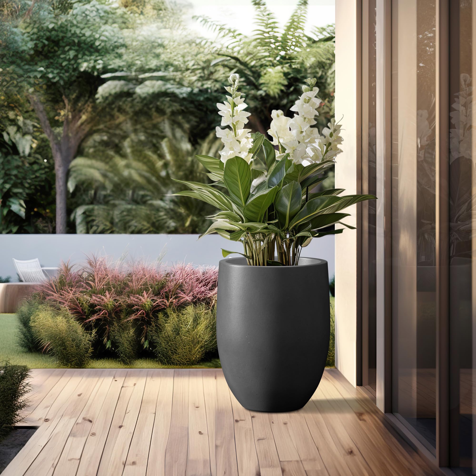 Kante 21.7" H x 16.9" W Large Concrete Planter, Tall Tapered Plant Pot with Drainage Hole & Rubber Plug Deep Black Handmade Cement Container for Indoor Outdoor, Patio, Corner Statement Piece - Image 5