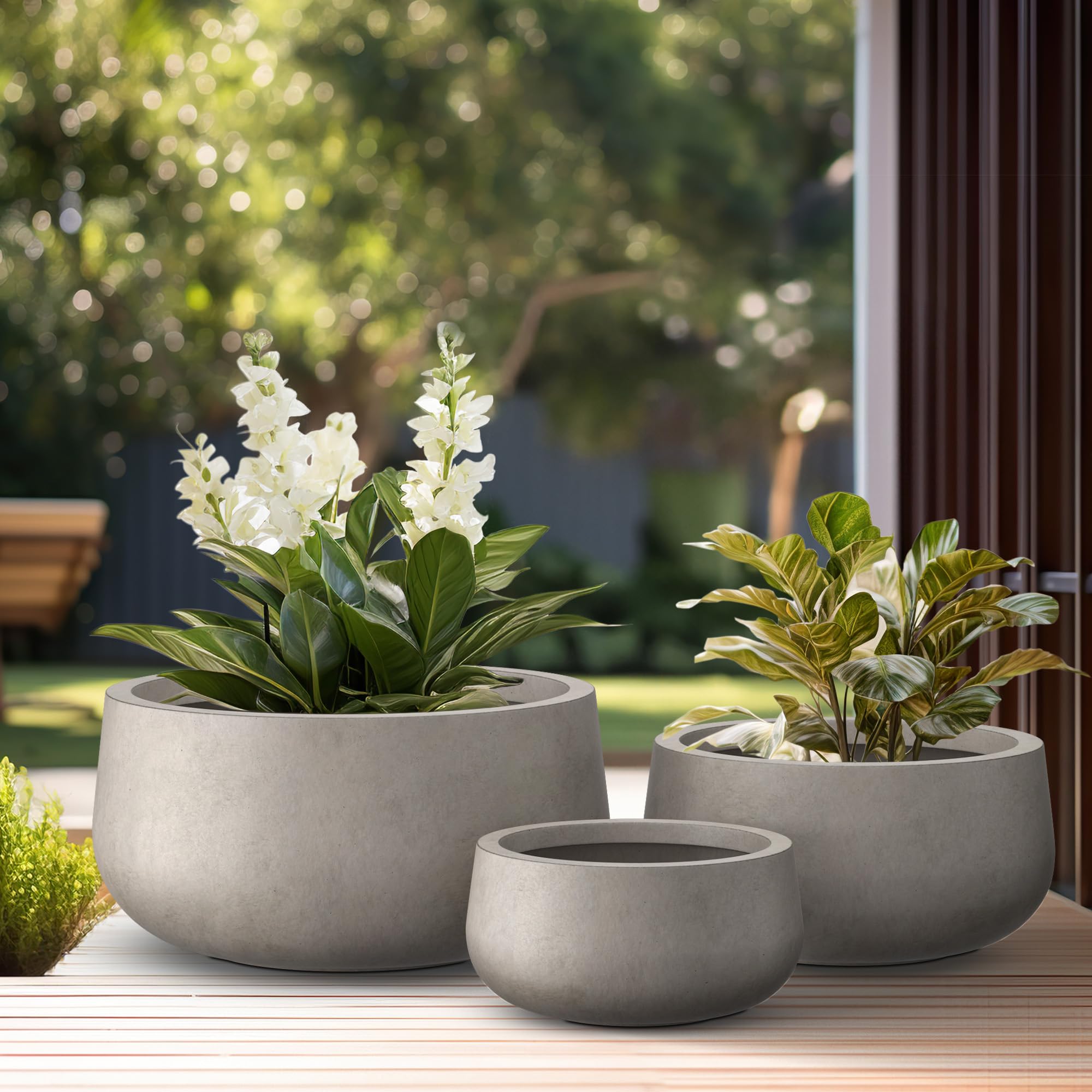 Kante 19.6",15.7",11.8" Dia Round Concrete Planters Set of 3, Outdoor Indoor Large Plant Pots with Drainage Hole, Modern Curvaceous Design, Weathered Concrete - Image 4