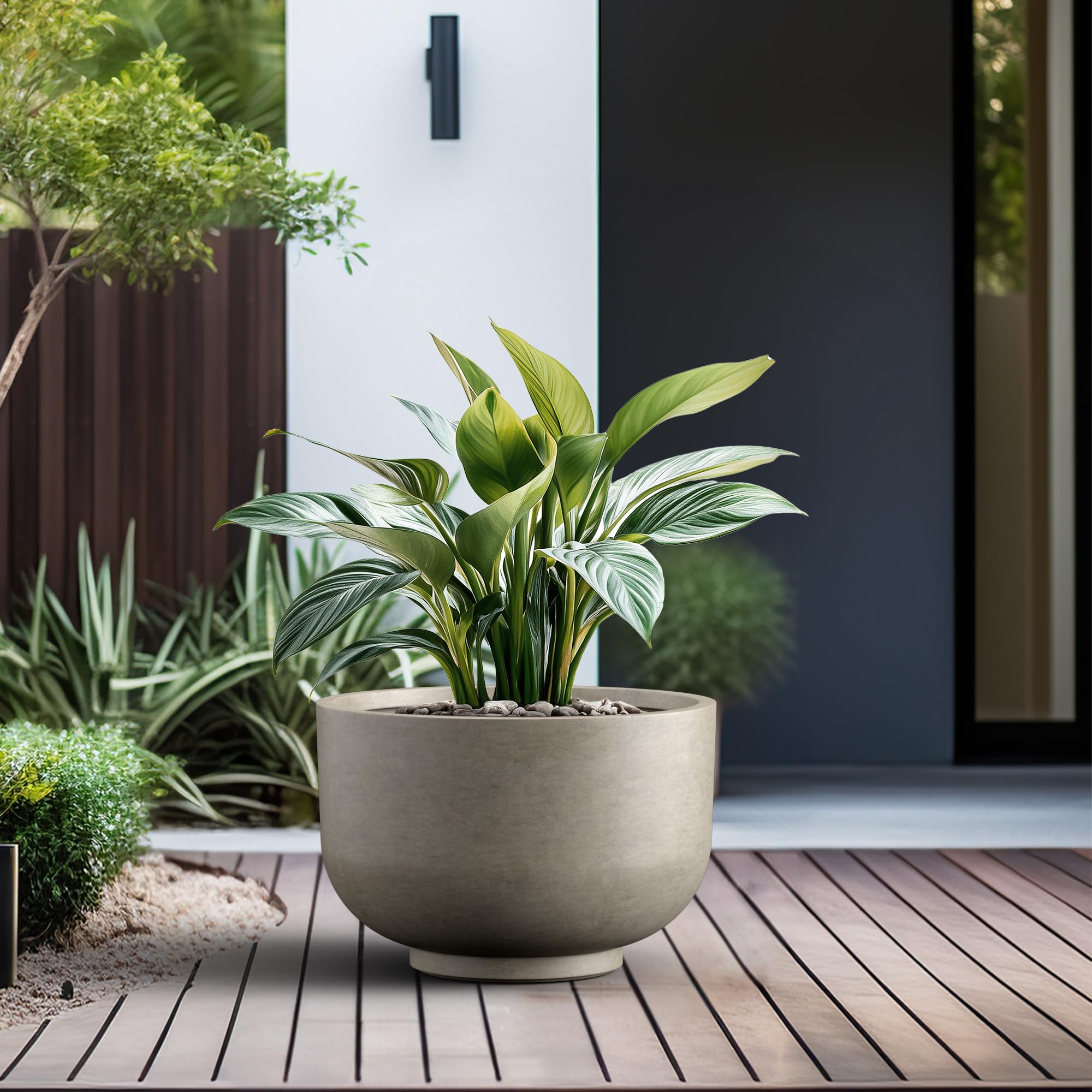 Kante 17.7 Inch Dia Concrete Bowl Planter, Large Tapered Bottom Plant Pot with Drainage, Smooth Weathered Concrete Finish with Painted Interior, Ideal for Porch, Home, Garden, Patio - Image 5