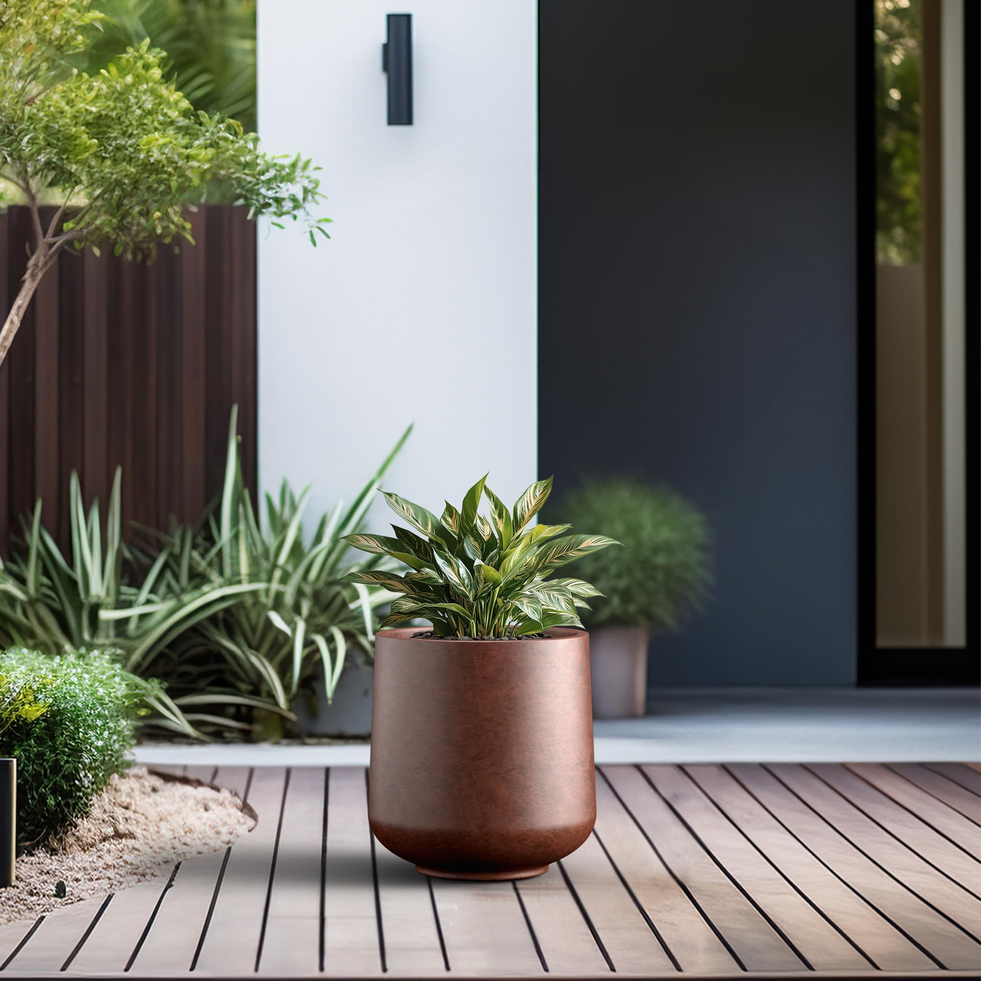 Kante 11.6" Dia Round Concrete Planter, Outdoor Indoor Large Plant Pots Containers with Drainage Hole and Rubber Plug for Home Garden Patio, Rusty - Image 6