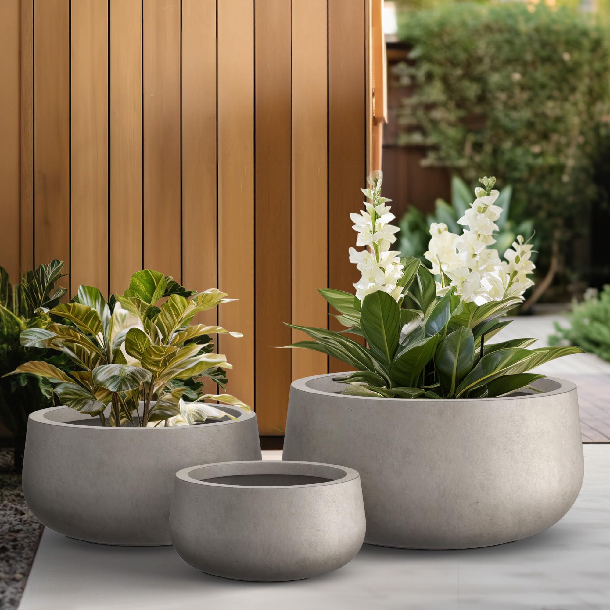Kante 19.6",15.7",11.8" Dia Round Concrete Planters Set of 3, Outdoor Indoor Large Plant Pots with Drainage Hole, Modern Curvaceous Design, Weathered Concrete - Image 3