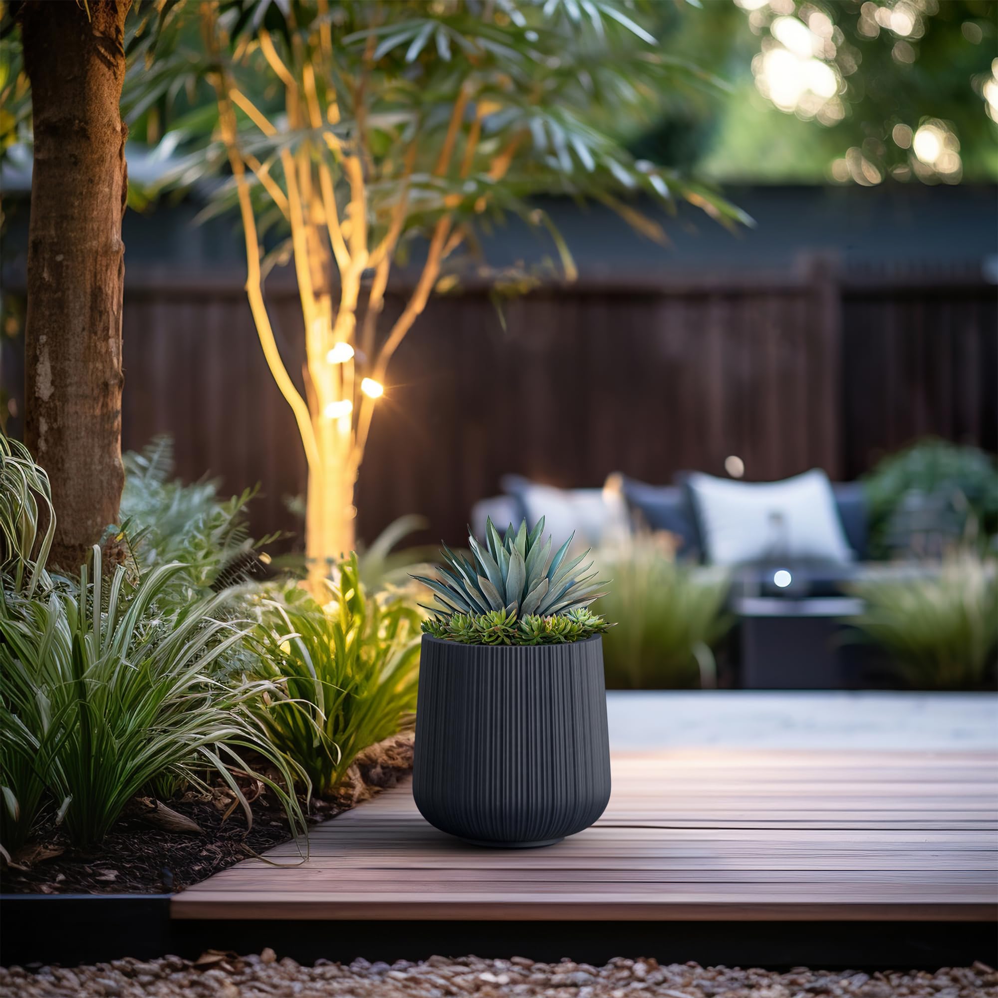 Kante 13.0" Dia Round Fluted Concrete Planter, Large Plant Pot with Drainage, Smooth Charcoal Finish with Painted Interior, for Indoor and Outdoor Use - Image 3