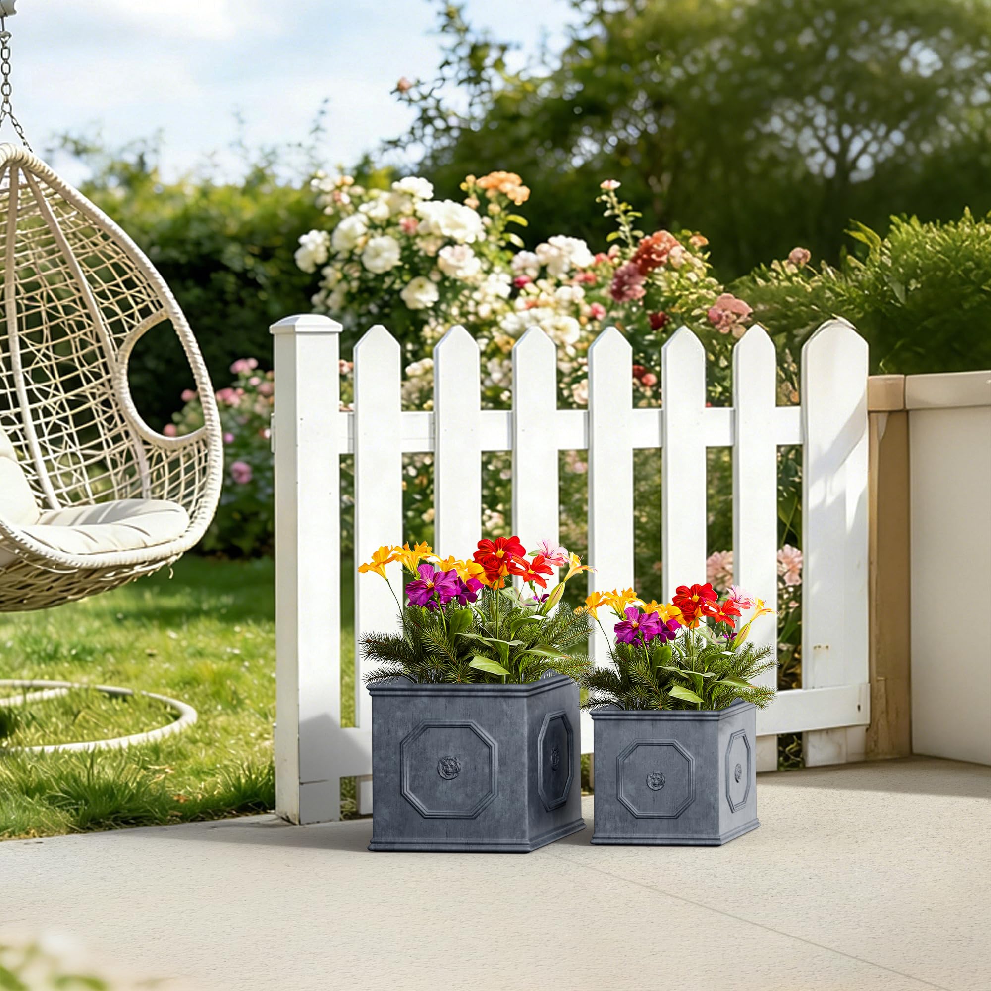 Kante Square Lion Head Concrete Planter Set of 2, Classic English Style Plant Pot with Drainage Hole and Rubber Plug for Indoor Outdoor, 10.2"x10.2"x10.2" and 12.6"x12.6"x12.6" Antique Gray - Image 6