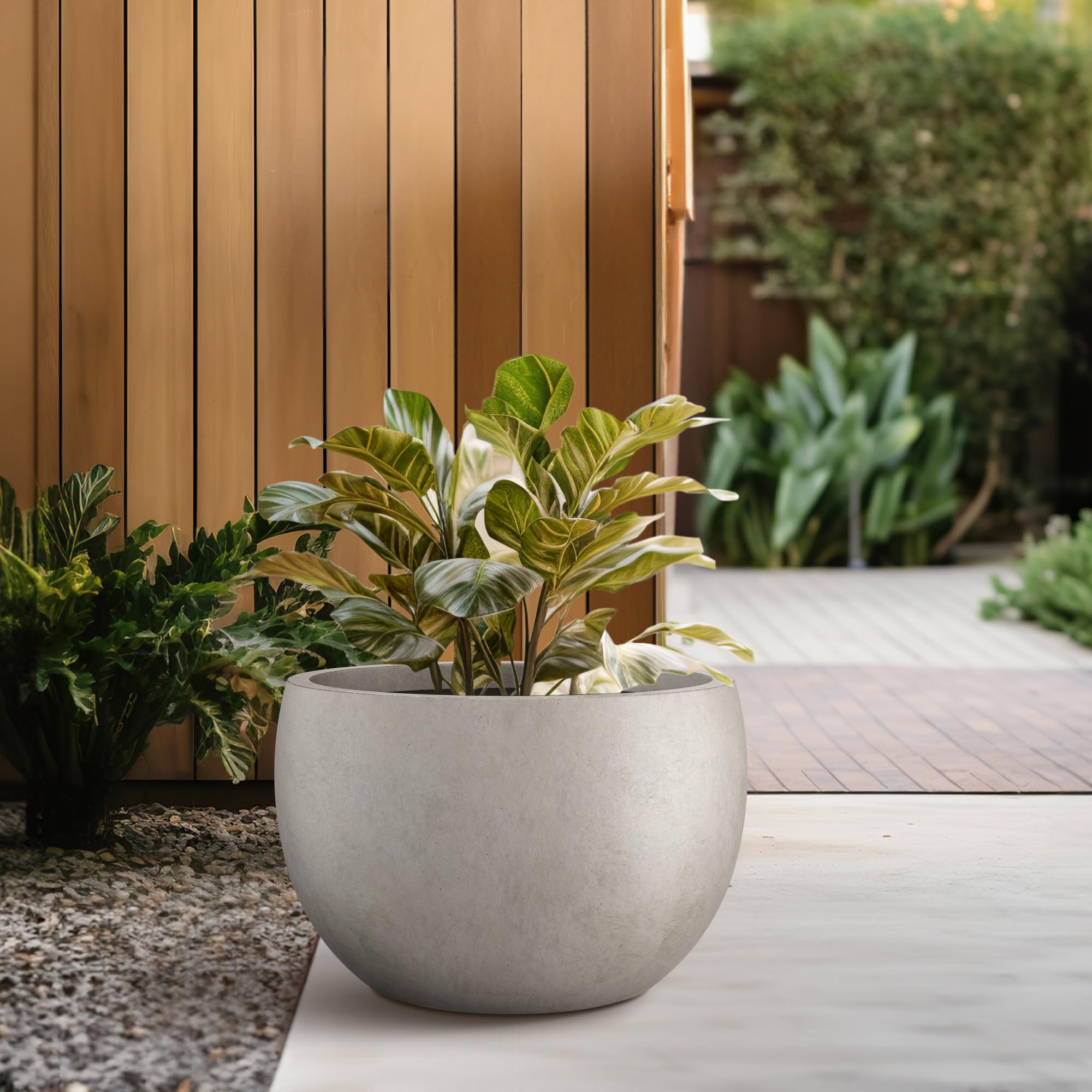 Kante 10 in x 15-16 in Low Concrete Planter, Wide Bowl Plant Pot with Drainage Hole & Rubber Plug Breathable Handmade Cement Container for Succulents, Tabletop, Patio, Weathered Concrete - Image 6