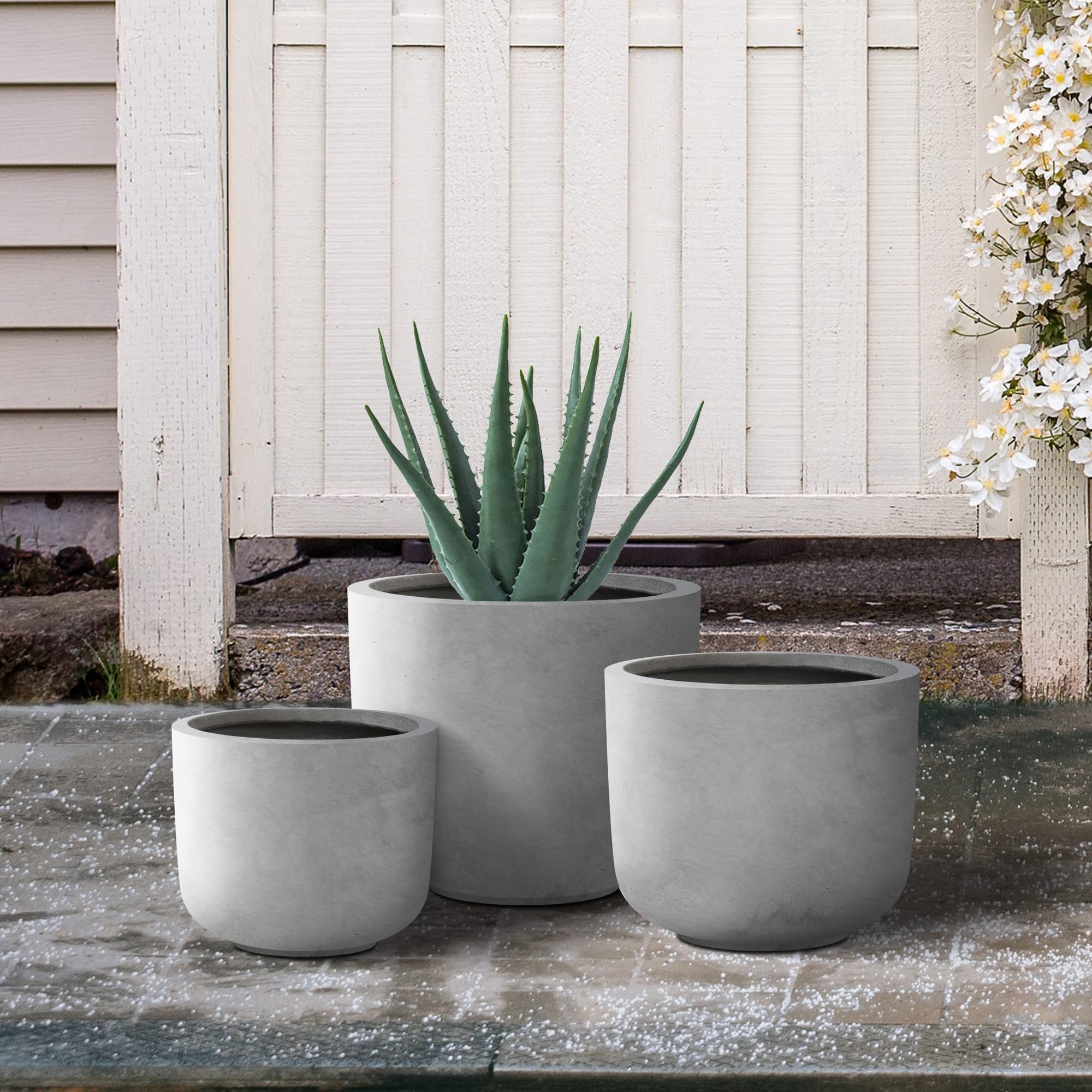 Kante 13",11",9" Dia Natural Concrete Round Planters (Set of 3), Outdoor Indoor Modern Planter Pots, Lightweight, Weather Resistant, Seamless with Drainage Hole - Image 4
