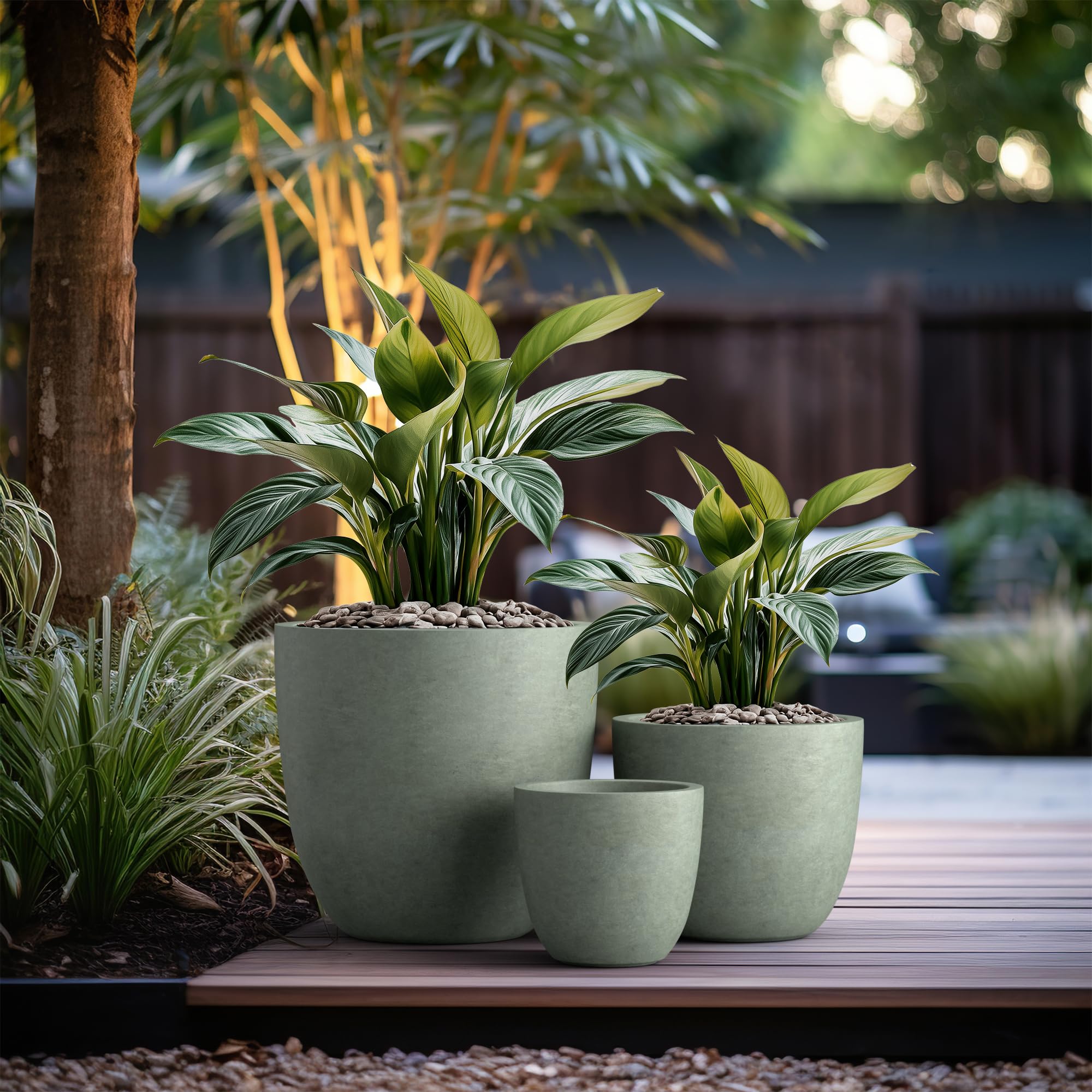 Kante 18",14",10" Dia Concrete Round Planters (Set of 3), Outdoor Indoor Large Planter Pots with Drainage Hole and Rubber Plug for Home Patio Garden, Mint Green - Image 6