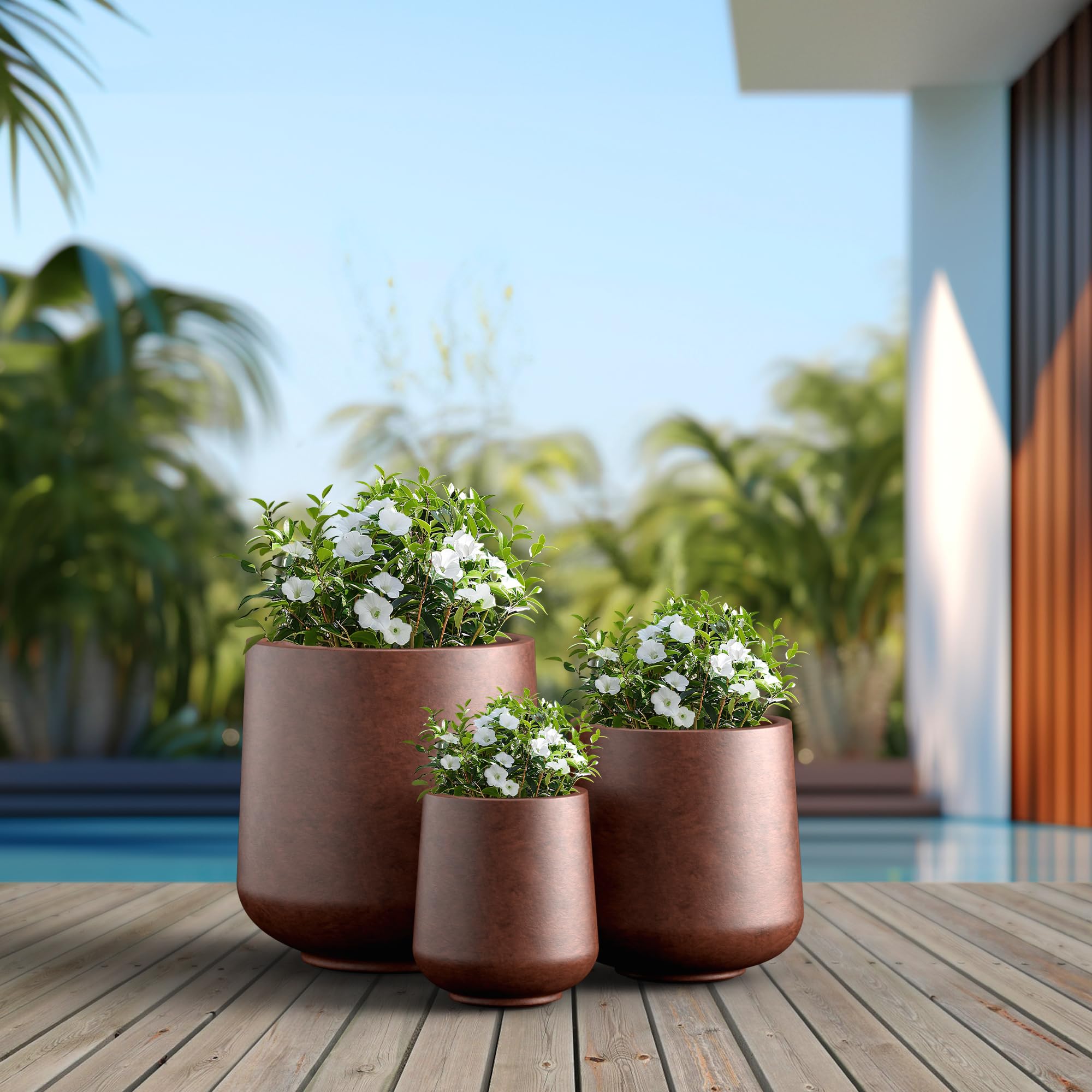Kante 15.3"+11.6"+8.2" Dia Round Concrete Planter, Large Outdoor Indoor Planter Pots Containers with Drainage Holes and Rubber Plug for Home Garden Patio, Rusty - Image 4