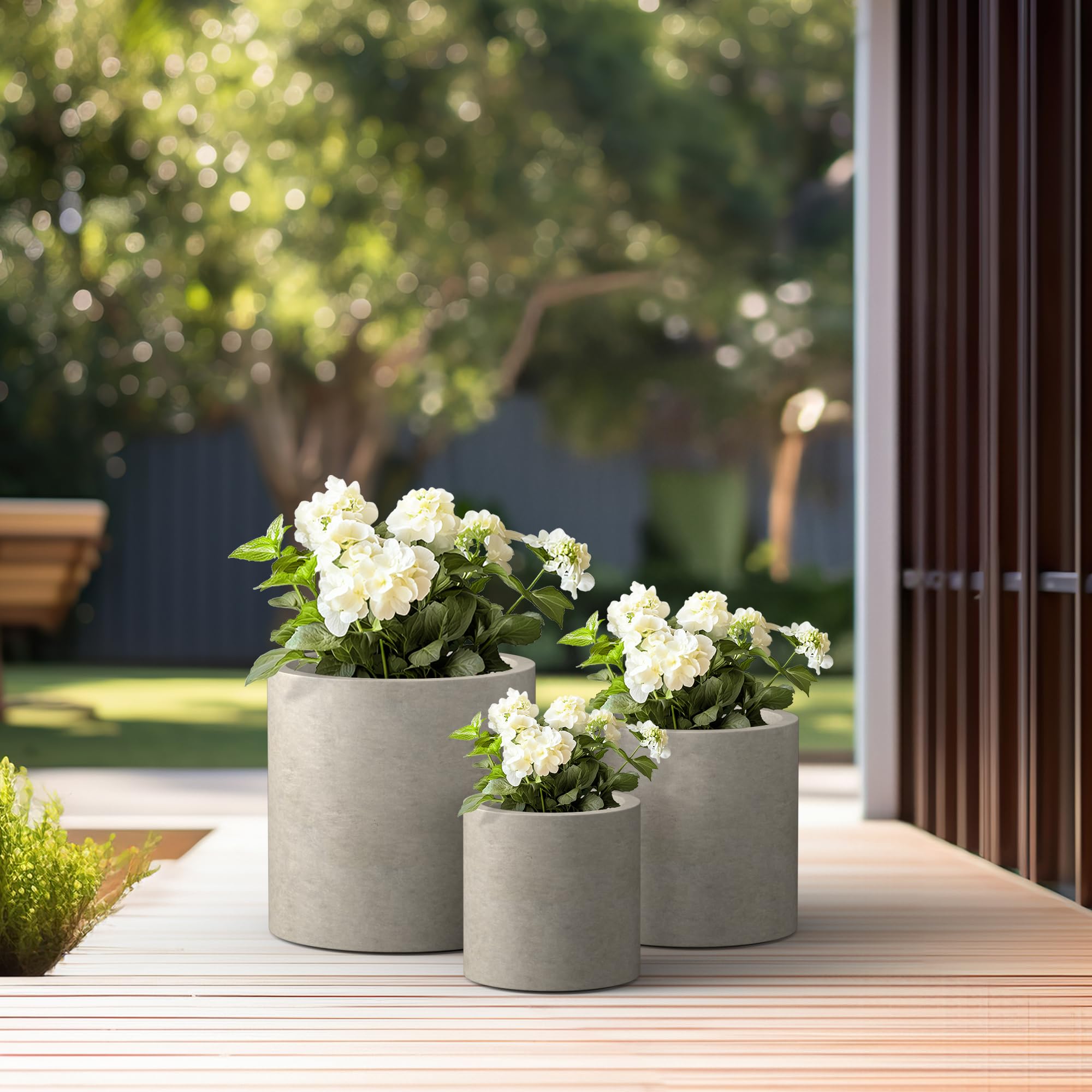 Kante Set of 3 Round Concrete Planters (9.8/12.6/15.7"), Modern Indoor Outdoor Pots with Drainage, Weathered Concrete Finish - Image 6