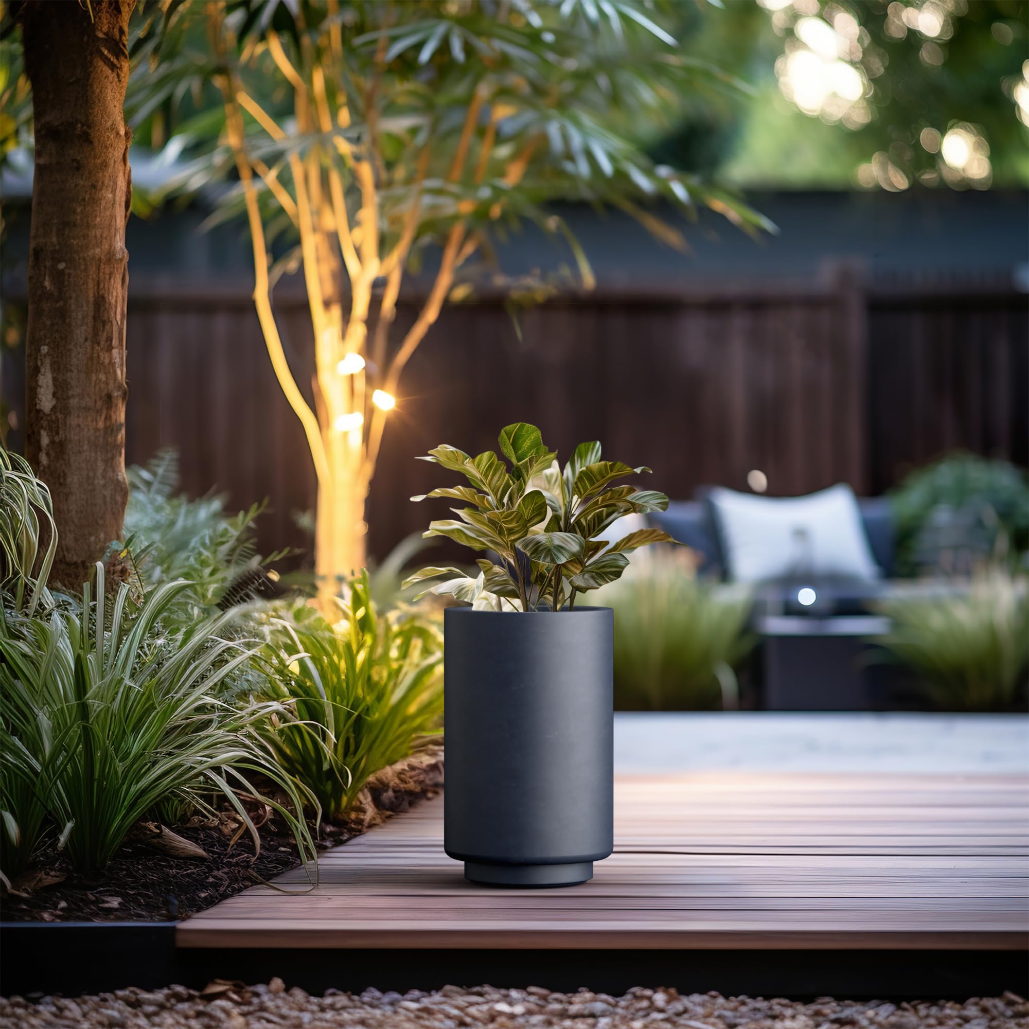 Kante 15.7 Inch Tall Concrete Planter, Round Pedestal Design Garden Pot for Indoor Outdoor Plants, Modern Garden Pot with Drainage Hole, Charcoal Finish with Painted Interior - Image 5