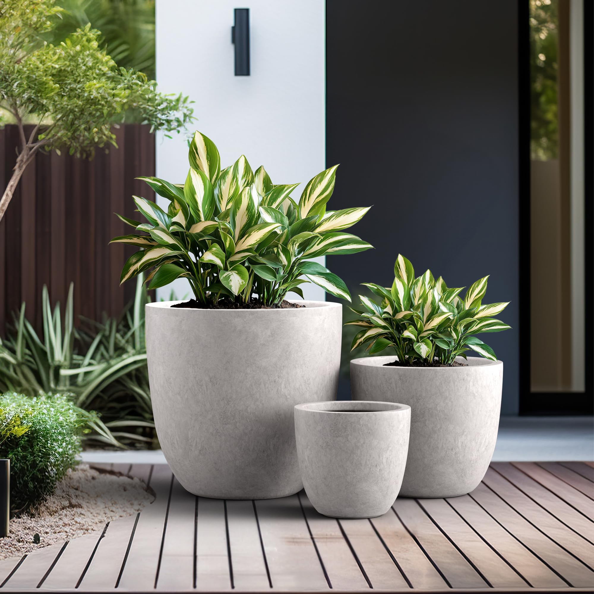 Kante 18",14",10" Dia Concrete Round Planters (Set of 3), Outdoor Indoor Large Planter Pots with Drainage Hole and Rubber Plug for Home Patio Garden, Light Gray - Image 4