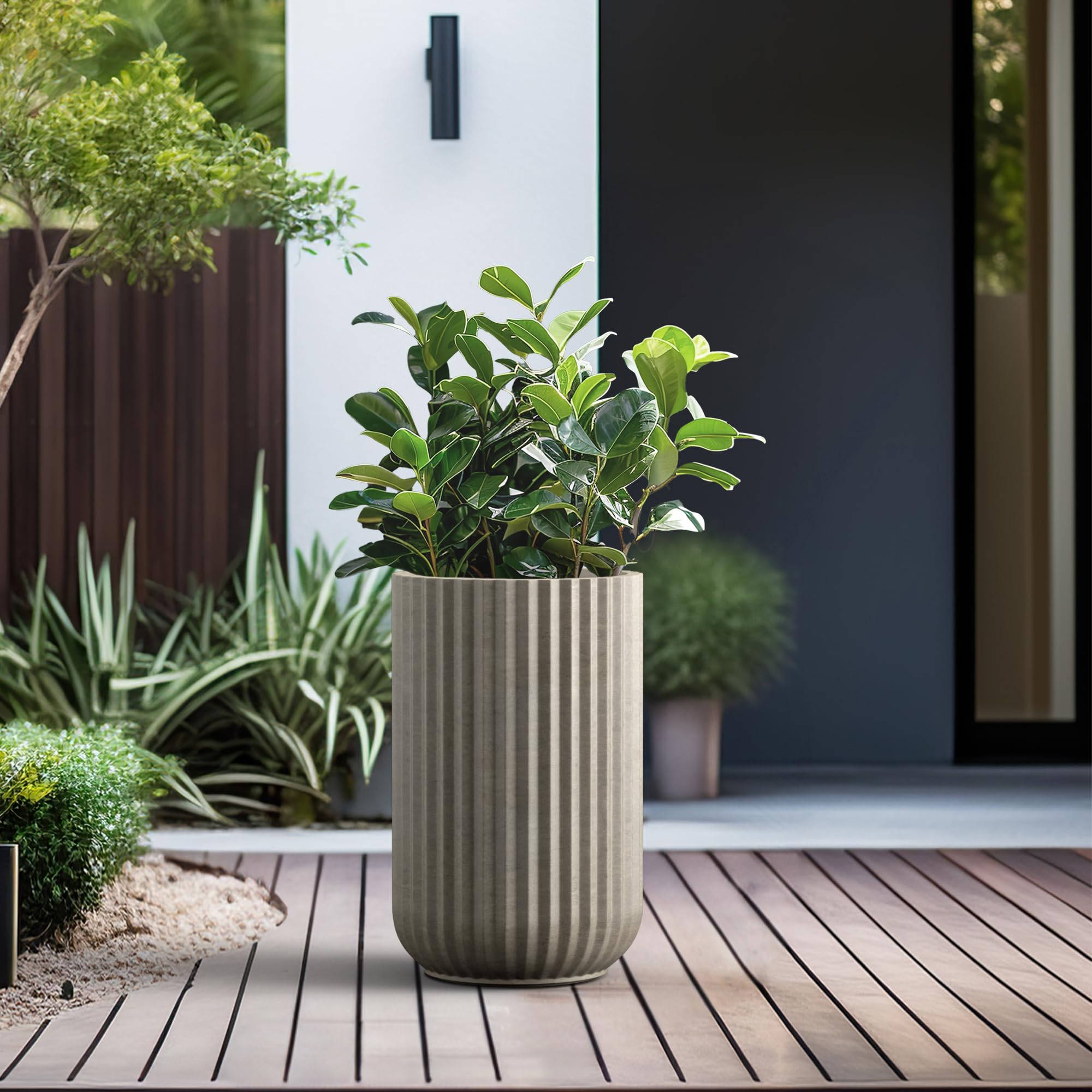 Kante Tall Fulted Planter, 17.7 Inch Tall Round Concrete Plant Pots with Drainage Hole and Rubber Plug, Modern Decor for Indoor Outdoor Plants, Flower, Weathered Concrete - Image 4