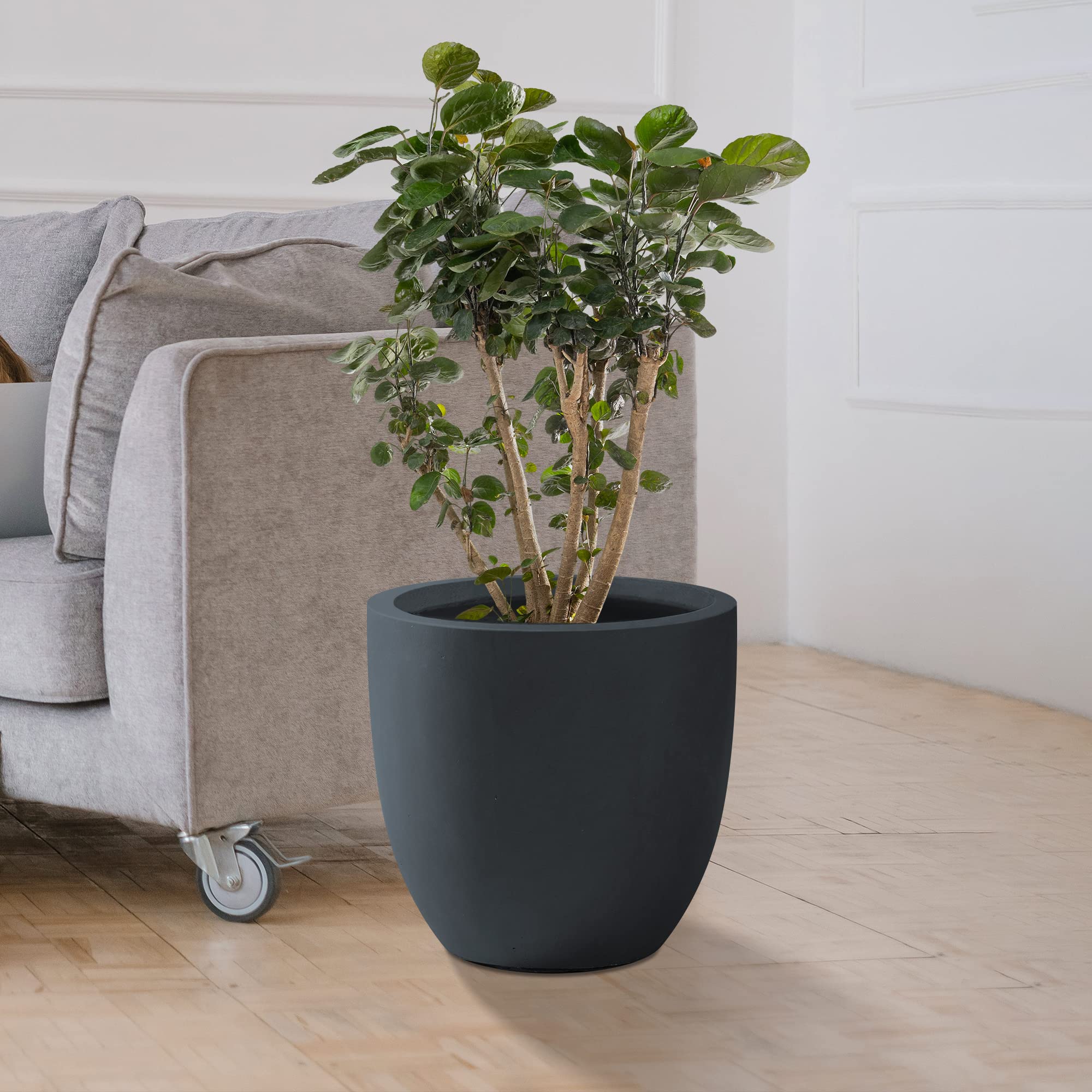 Kante 10 Inch Dia Round Concrete Planter, Indoor Outdoor Large Plant Pot with Drainage Hole and Rubber Plug for Home Patio Garden, Charcoal - Image 5