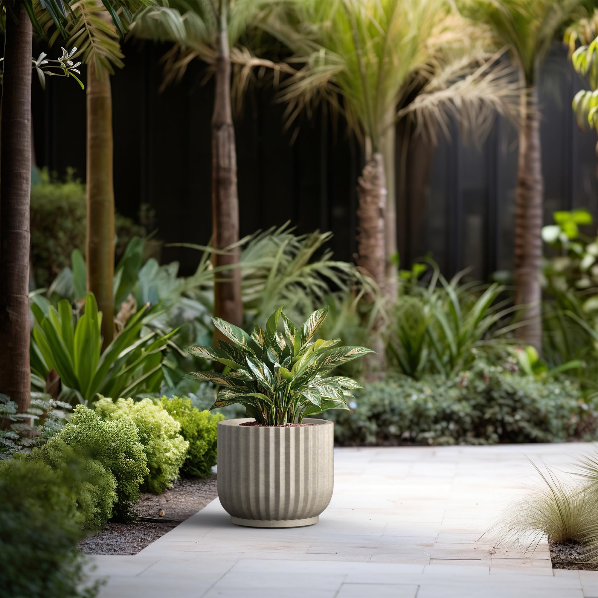 Kante Round Fulted Planter, 14 Inch Dia Large Concrete Plant Pots with Drainage Hole and Rubber Plug, Modern Decor for Indoor Outdoor Plants, Flower, Weathered Concrete - Image 5