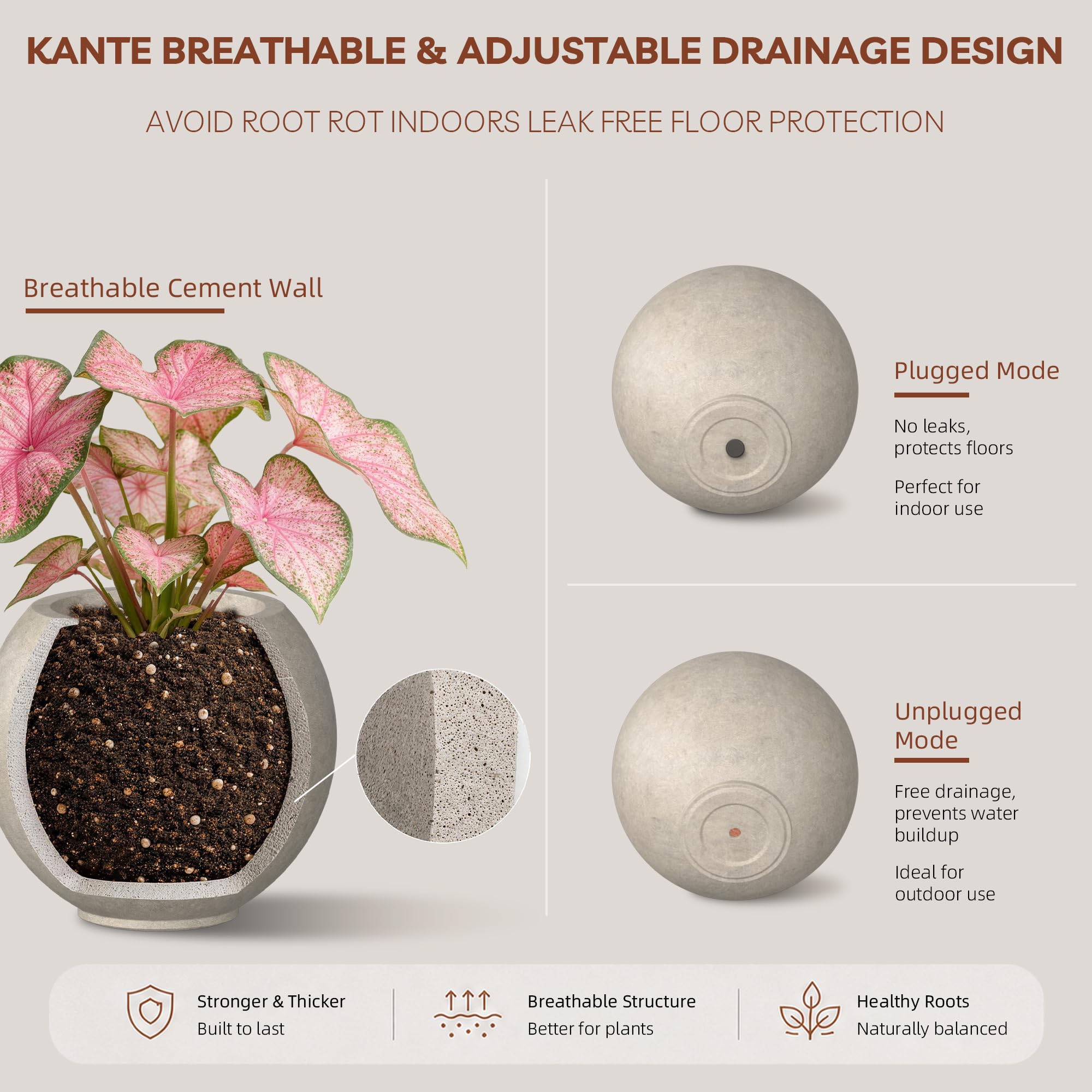 Kante Round Concrete Flower Pot,11 Inch Dia (7.9" Opening) Sphere Shape Design Planter with Drainage Hole for Indoor & Outdoor Plants,Gift,Lightweight & Weathered Concrete - Image 3