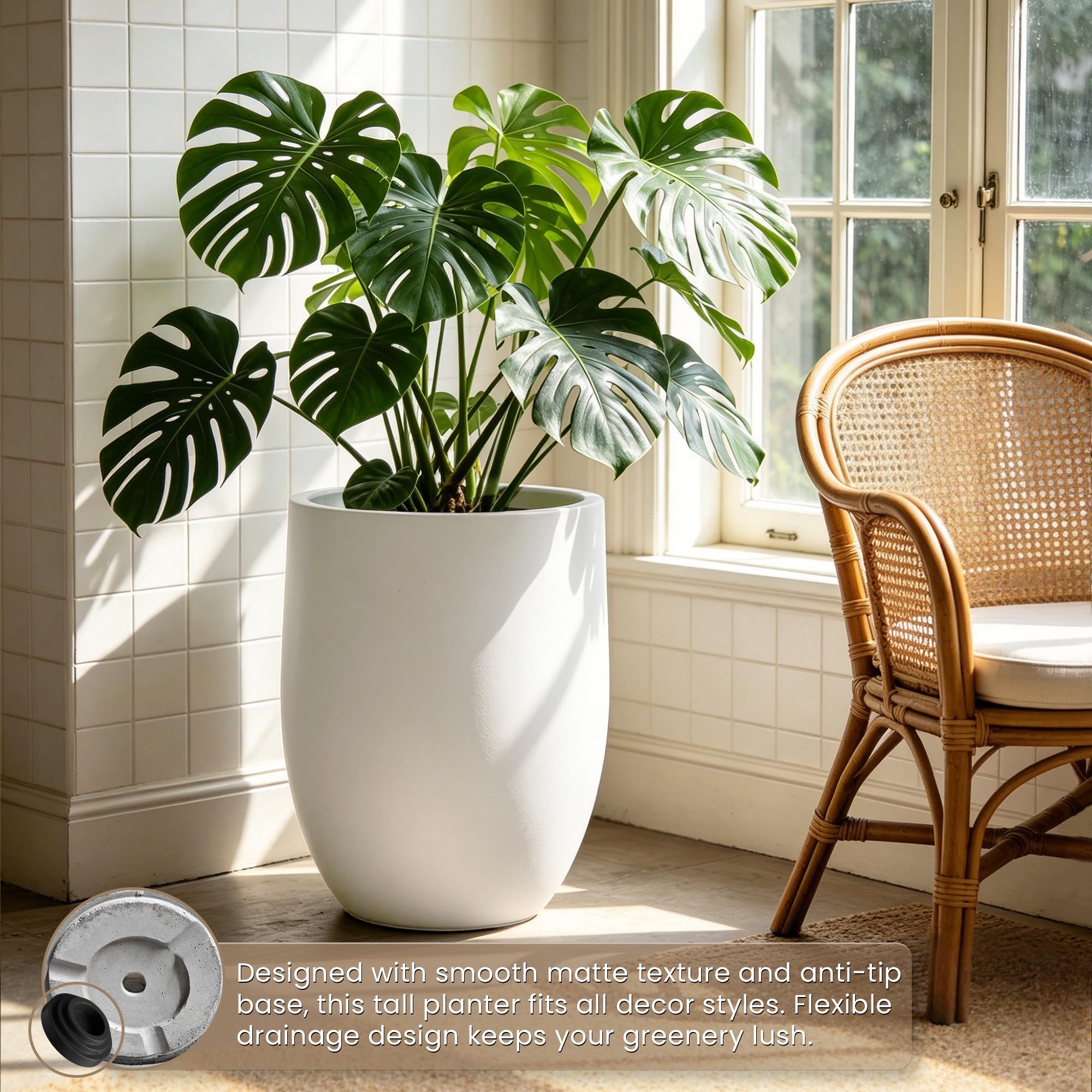 Kante 21.7" Tall White Concrete Planter, Large Decorative Round Planter with Drainage Hole & Rubber Plug, Handmade Weather Resistant for Indoor Outdoor Home Garden, Weathered White Finish - Image 5