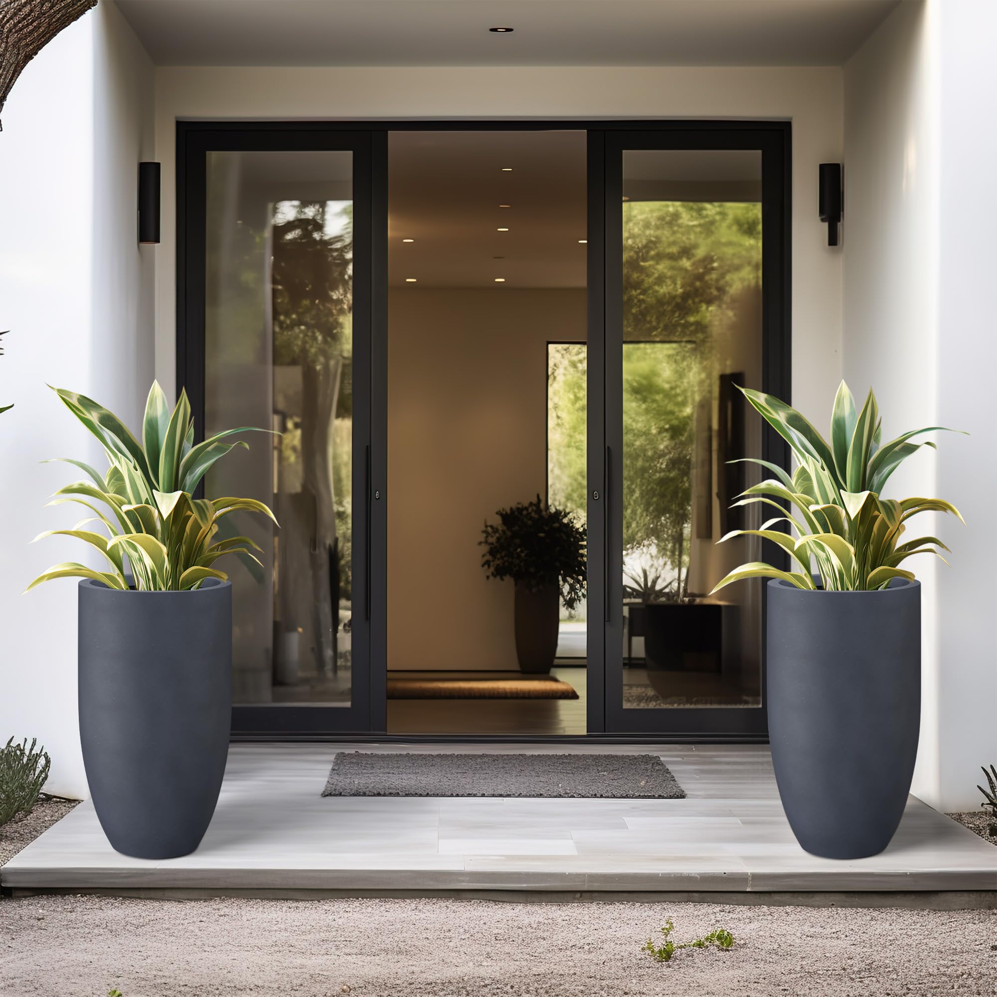 Kante 24 Inch Tall Round Concrete Planter, 2 Pack Large Indoor Outdoor Plant Pots with Drainage Hole and Rubber Plug, Modern Decorative Garden Pots for Home Patio Porch, Charcoal - Image 6