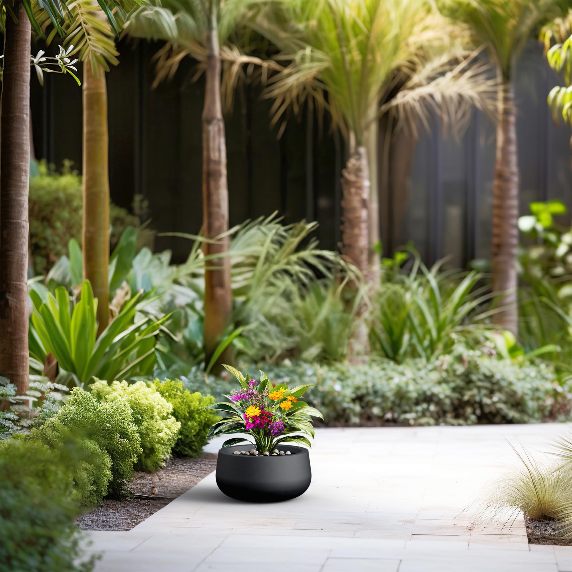 Kante 11.8" Dia Round Concrete Planter, Cement Plant Pots with Drainage Hole and Rubber Plug for Outdoor Indoor Garden Home, Modern Curvaceous Design, Black - Image 6