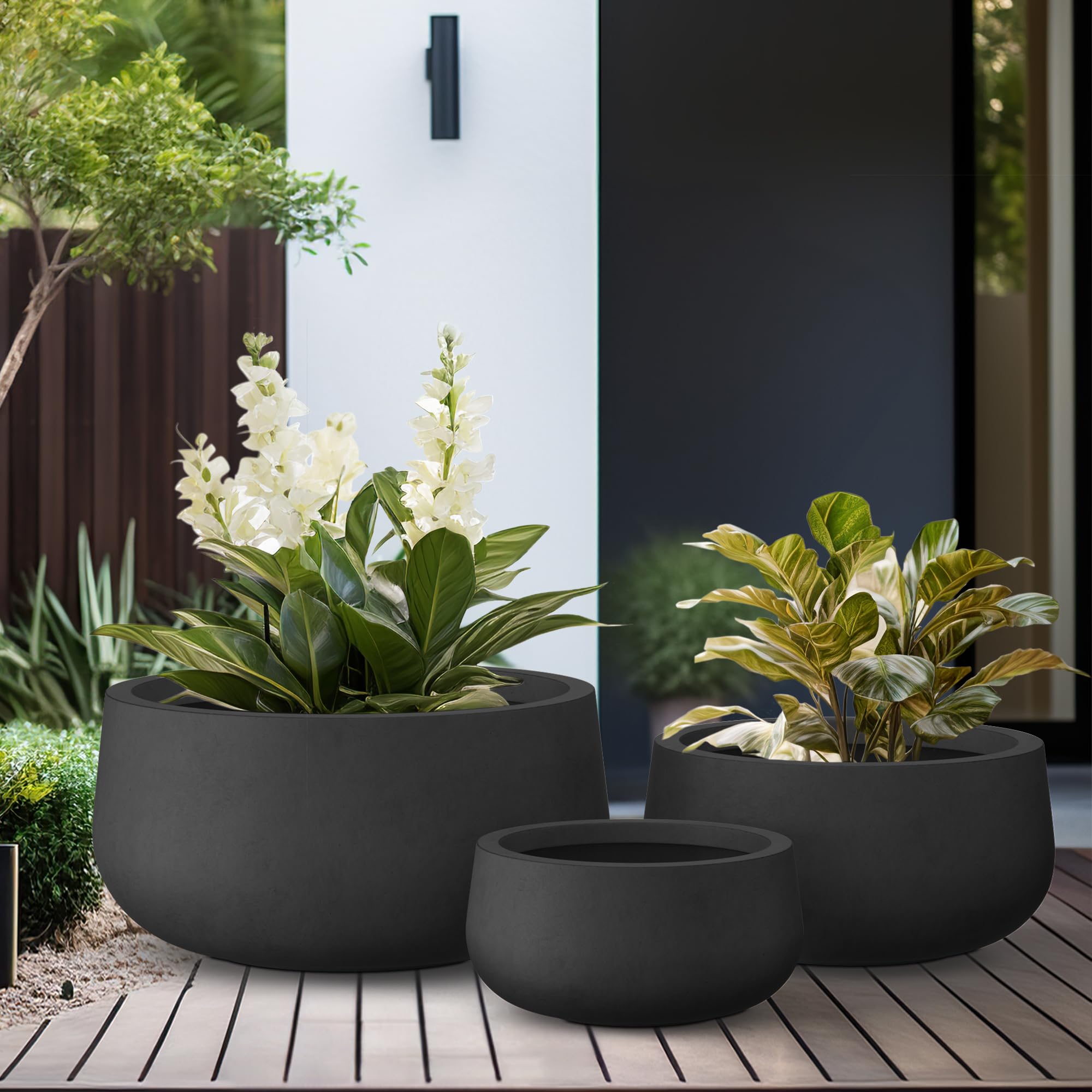 Kante 19.6",15.7",11.8" Dia Round Concrete Planters Set of 3, Outdoor Indoor Garden Plant Pots with Drainage Hole and Rubber Plug, Modern Curvaceous Design, Black - Image 6