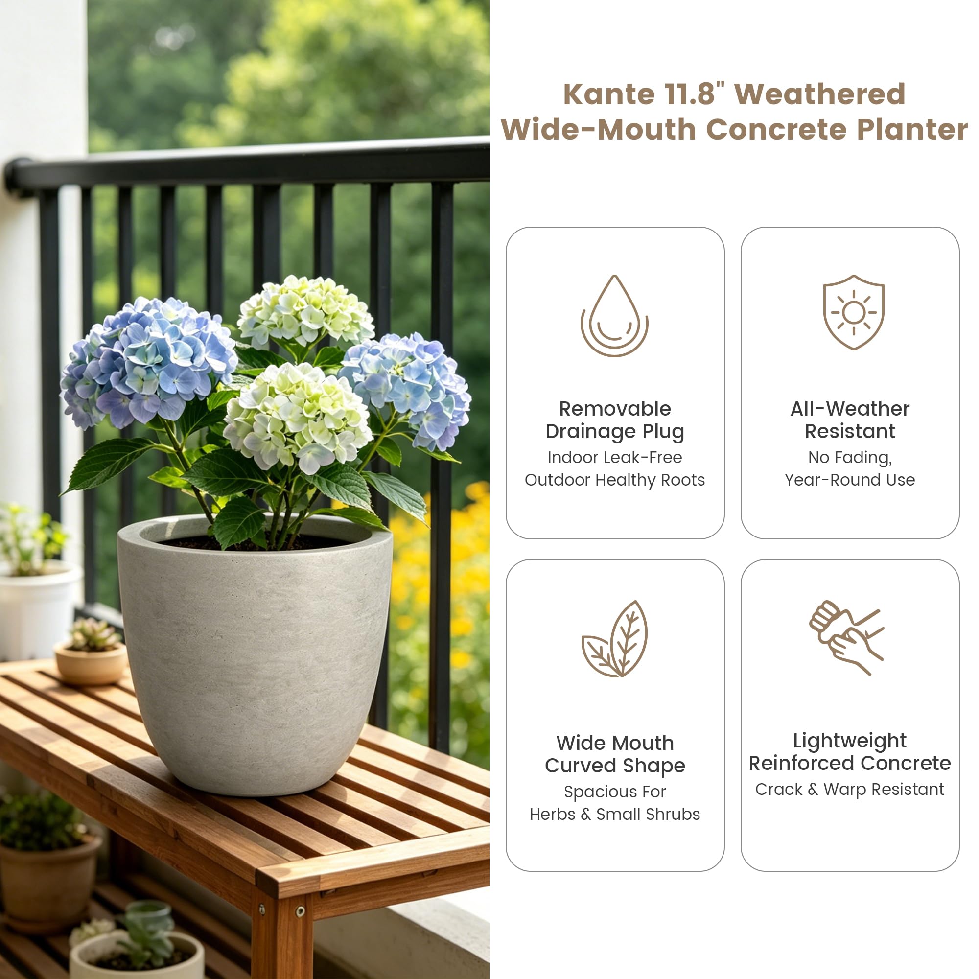 Kante 14" Round Concrete Planter, Indoor Outdoor Weathered Cylindrical Pot with Drainage & Plug, 11.8" Tall Modern Plant Pot for Patio Garden - Image 2