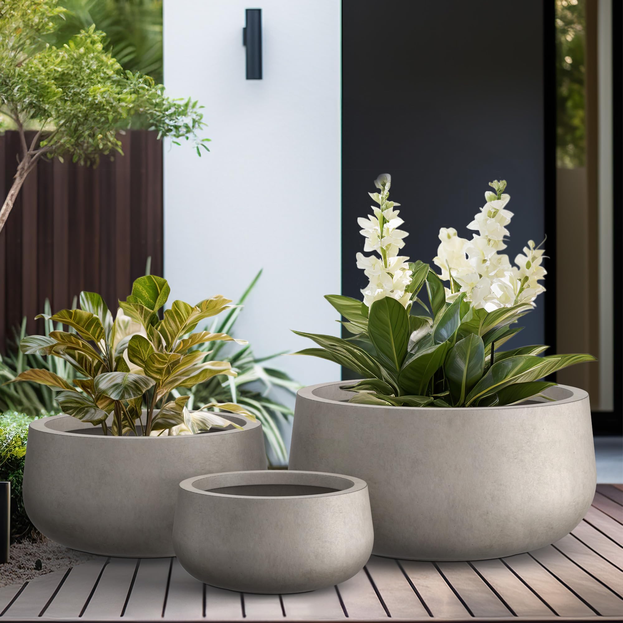 Kante 19.6",15.7",11.8" Dia Round Concrete Planters Set of 3, Outdoor Indoor Large Plant Pots with Drainage Hole, Modern Curvaceous Design, Weathered Concrete - Image 6