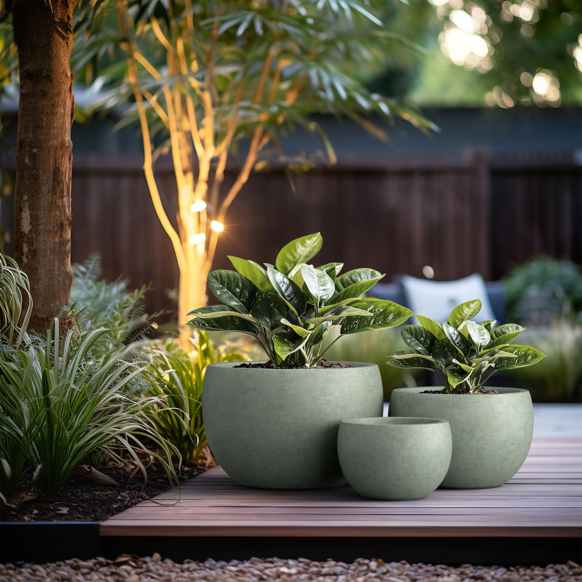Kante 19.9",15.7",11.8" Dia Round Concrete Planter Set of 3, Outdoor/Indoor Large Bowl Plant Pots with Drainage Hole and Rubber Plug for Garden Patio Balcony Home, Mint Green - Image 6