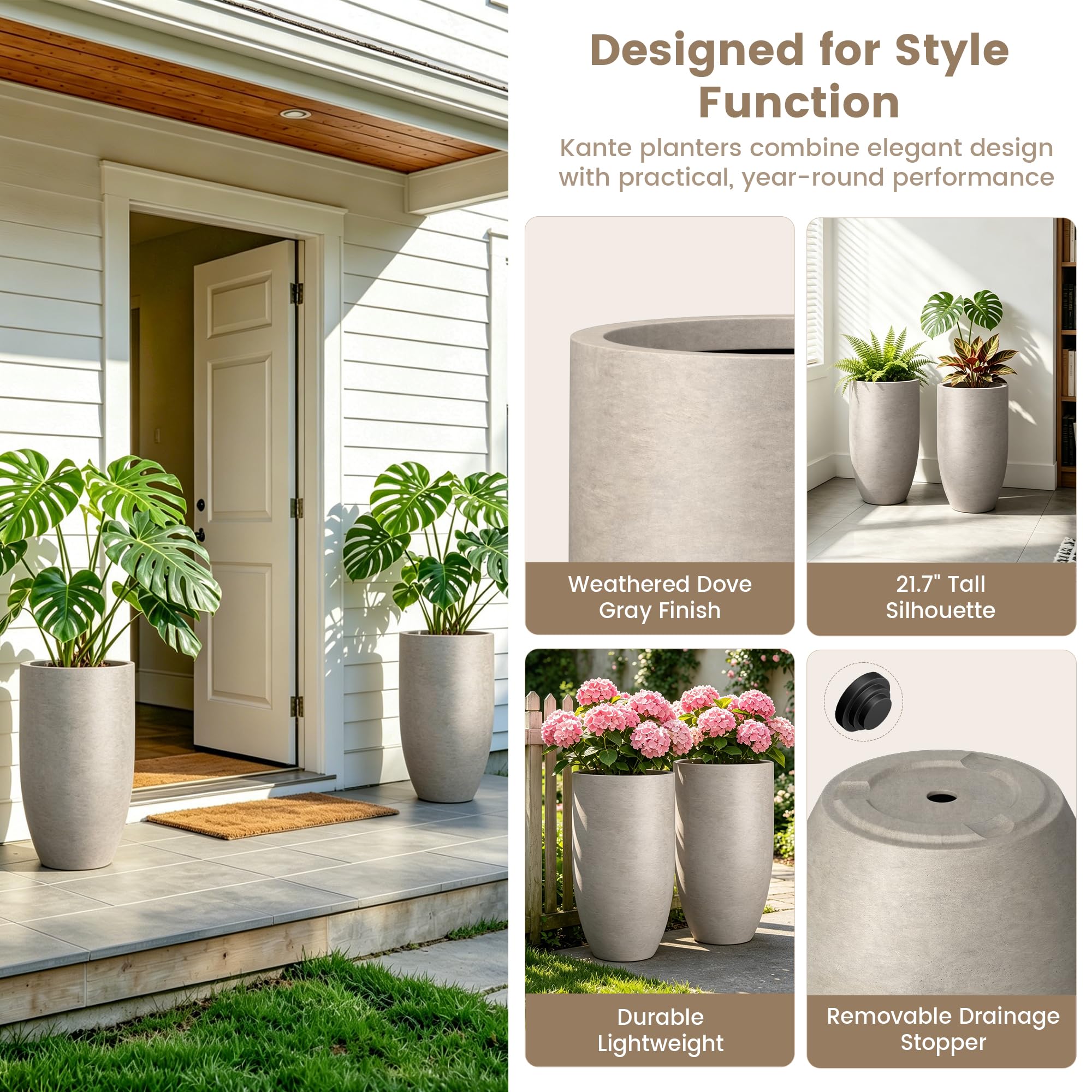 Kante 24" Tall Round Concrete Planter, 2 Pack Large Oval Plant Pots with Drainage Hole & Rubber Plug, Lightweight Weathered Concrete for Home Decor, Symmetrical Gift for Living Room Patio - Image 3
