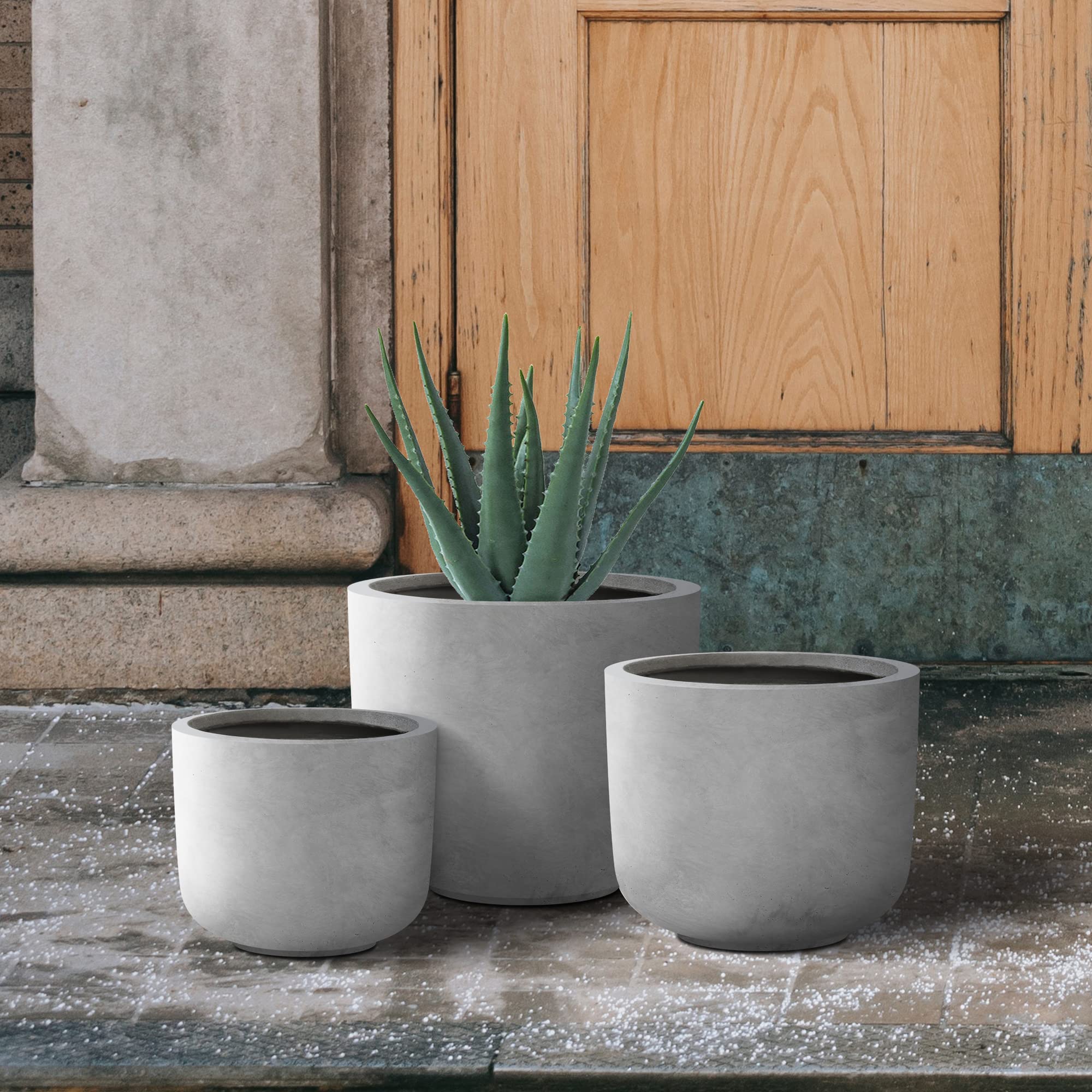 Kante 13",11",9" Dia Natural Concrete Round Planters (Set of 3), Outdoor Indoor Modern Planter Pots, Lightweight, Weather Resistant, Seamless with Drainage Hole - Image 6