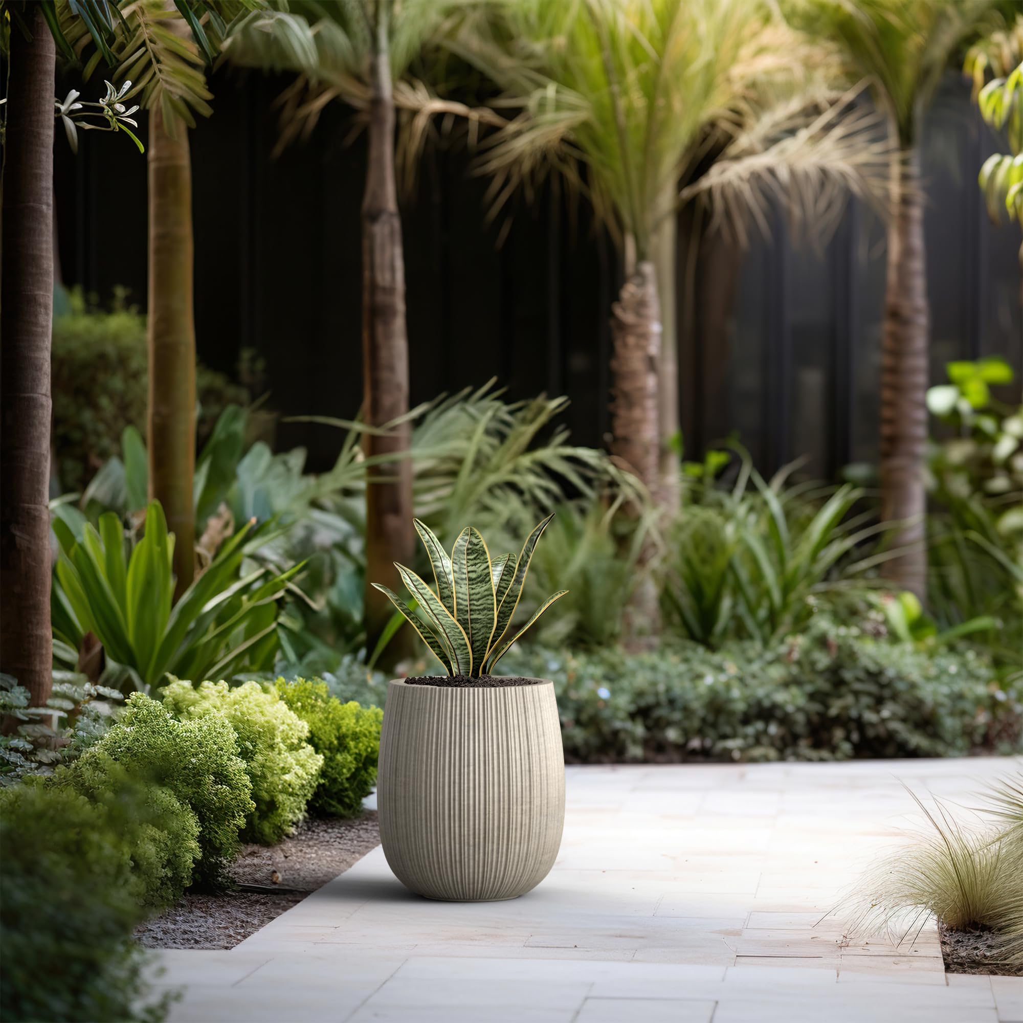 Kante 12.6" Dia x 14.6" H Round Concrete Planter, Streamlined Fluted Large Plant Pot with Drainage Hole and Rubber Plug for Home, Patio, Garden, Weathered Concrete Finish with Painted Interior - Image 6