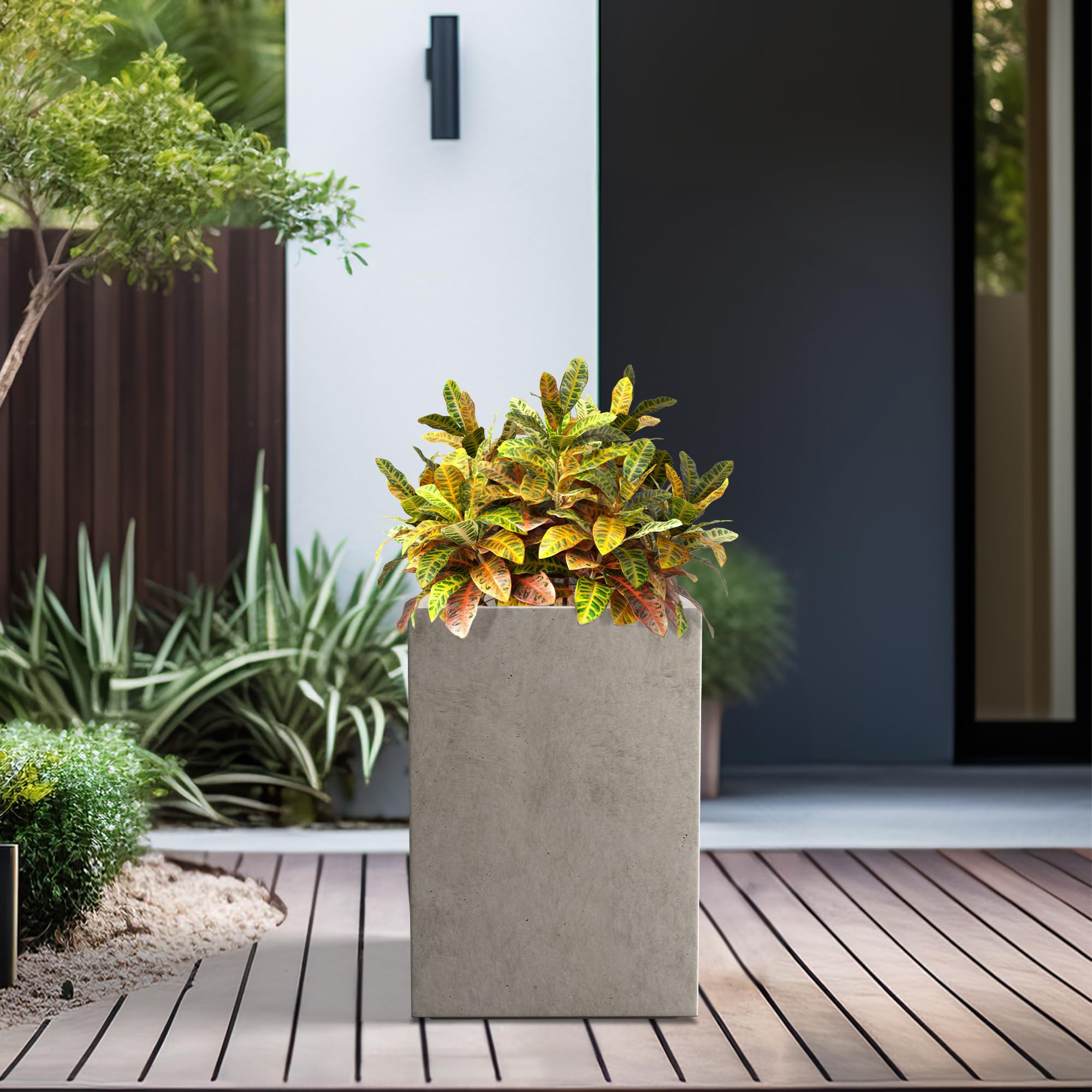 Kante 12.6" H Tall Rectangular Concrete Planters, Outdoor Indoor Lightweight Plant Pots with Drainage Hole and Rubber Plug, Modern Style for Home Garden Patio, Weathered Concrete - Image 3