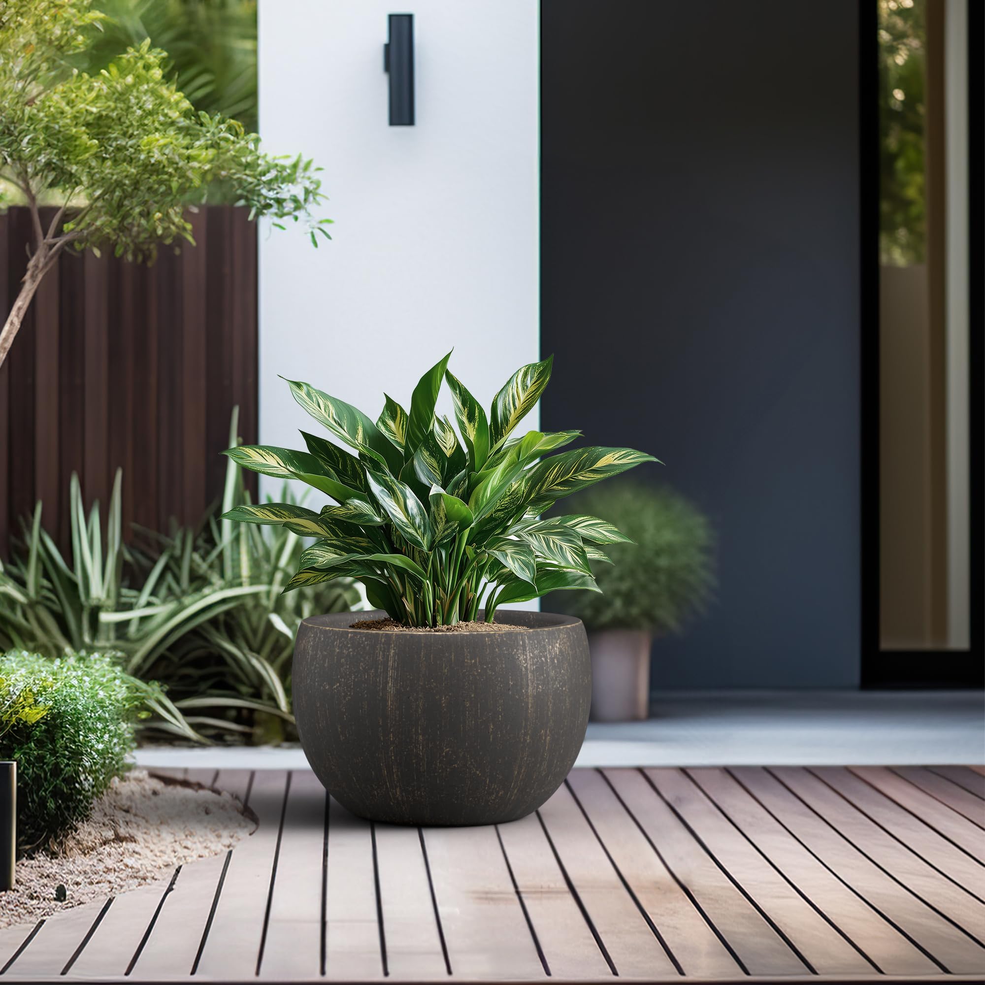 Kante 15.7" Dia Round Concrete Planter, Outdoor/Indoor Large Bowl Plant Pots with Drainage Hole and Rubber Plug for Garden Patio Balcony Home, Oil Rubbed Bronze - Image 3